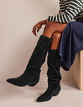 Western Knee High Boots-Black Suede