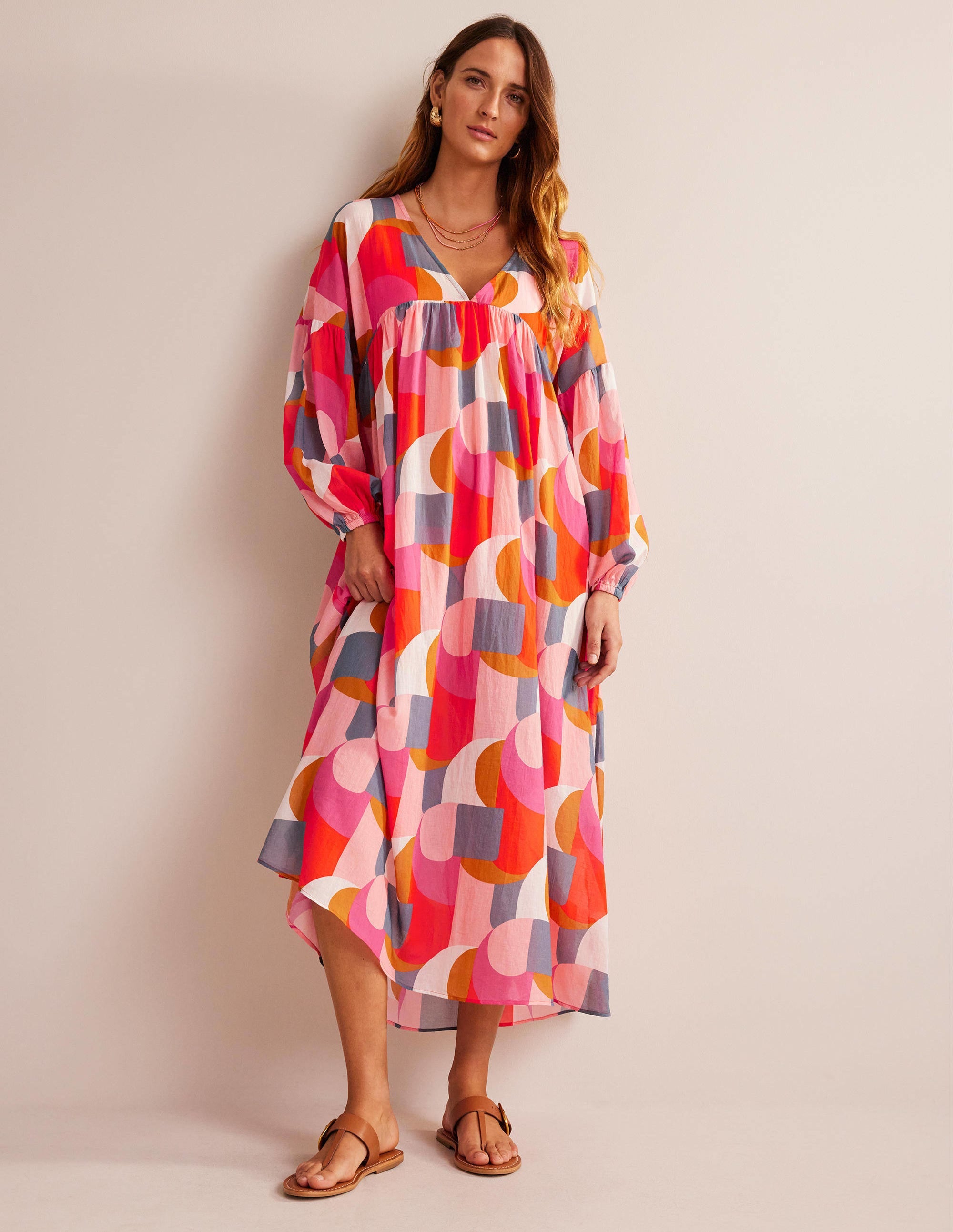 Robe longue Sarah façon caftan-Rose festival, motif Geometric Swirl - Image 1