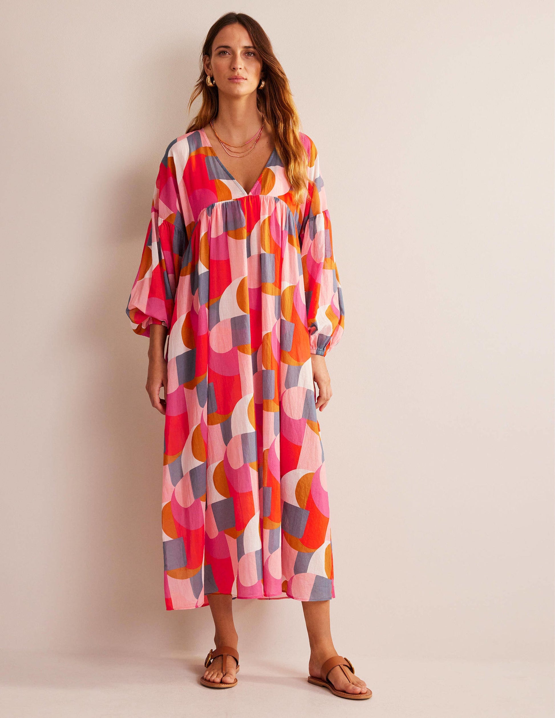 Robe longue Sarah façon caftan-Rose festival, motif Geometric Swirl-5