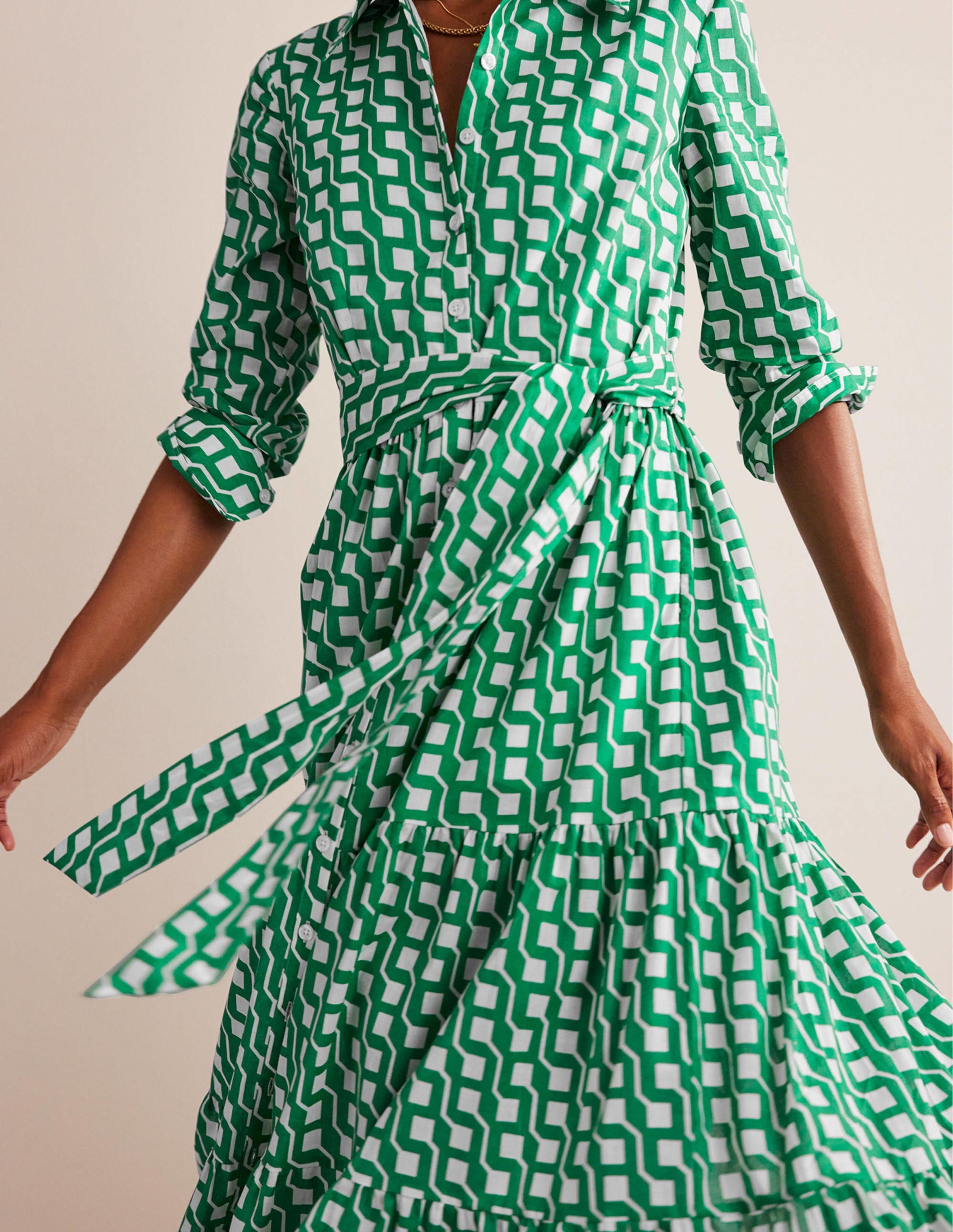 Robe-chemise midi Flo en coton-Émeraude vif, motif Cube Geo - Image 2