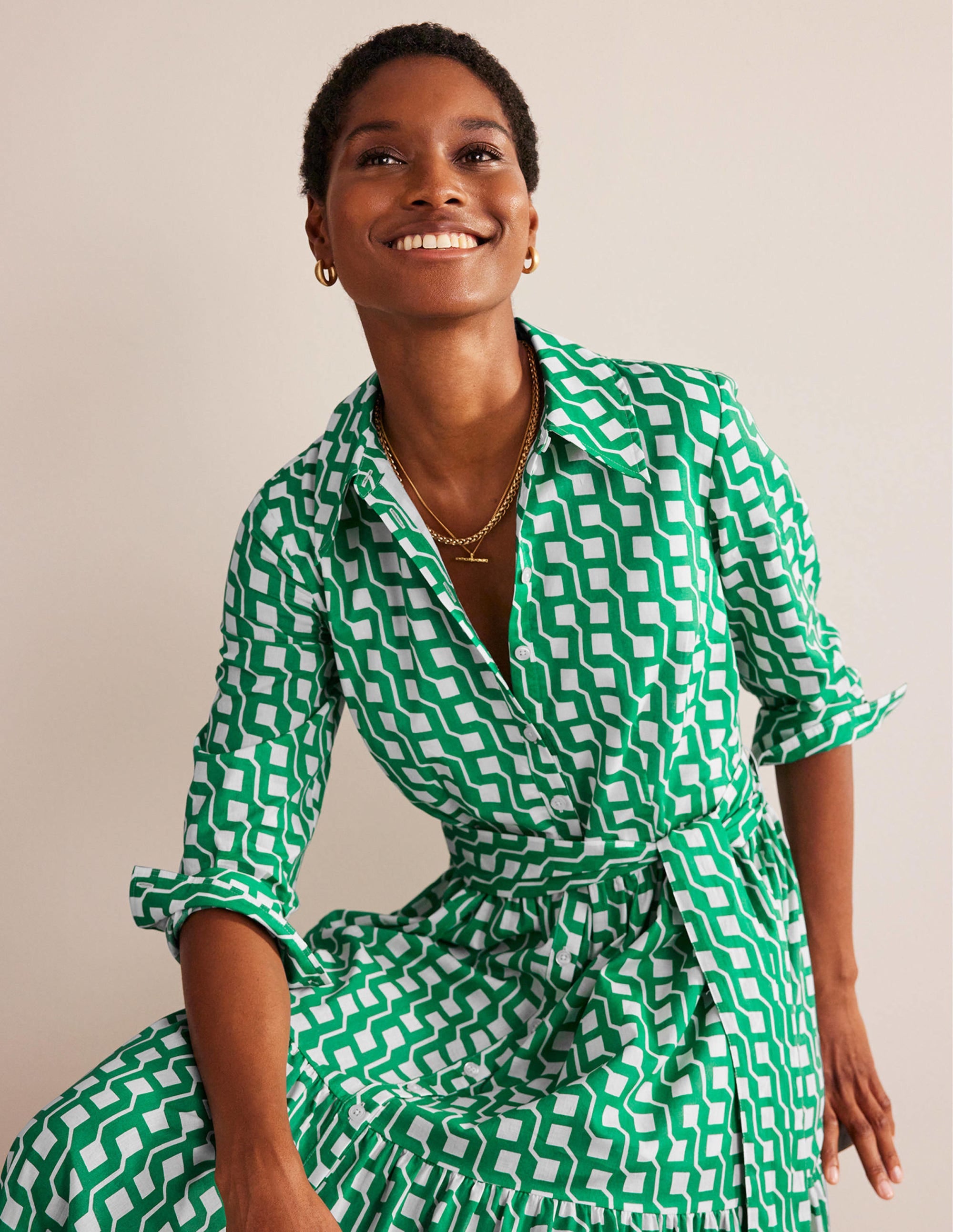 Robe-chemise midi Flo en coton-Émeraude vif, motif Cube Geo - Image 5