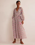 Maxikleid aus Baumwolle mit Keilausschnitt-Gin Fizz, Sonnenblumenzweig