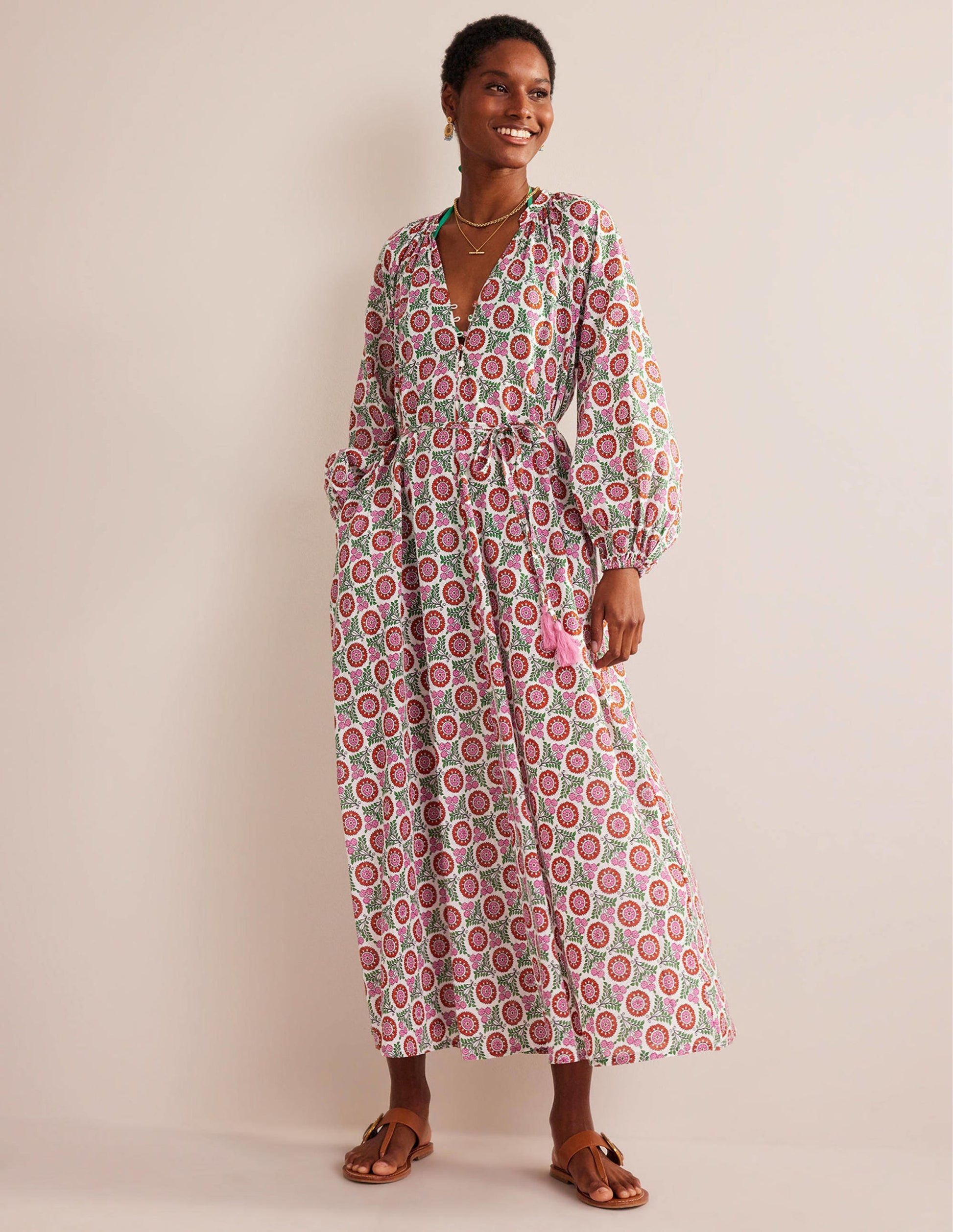 Maxikleid aus Baumwolle mit Keilausschnitt-Gin Fizz, Sonnenblumenzweig-1