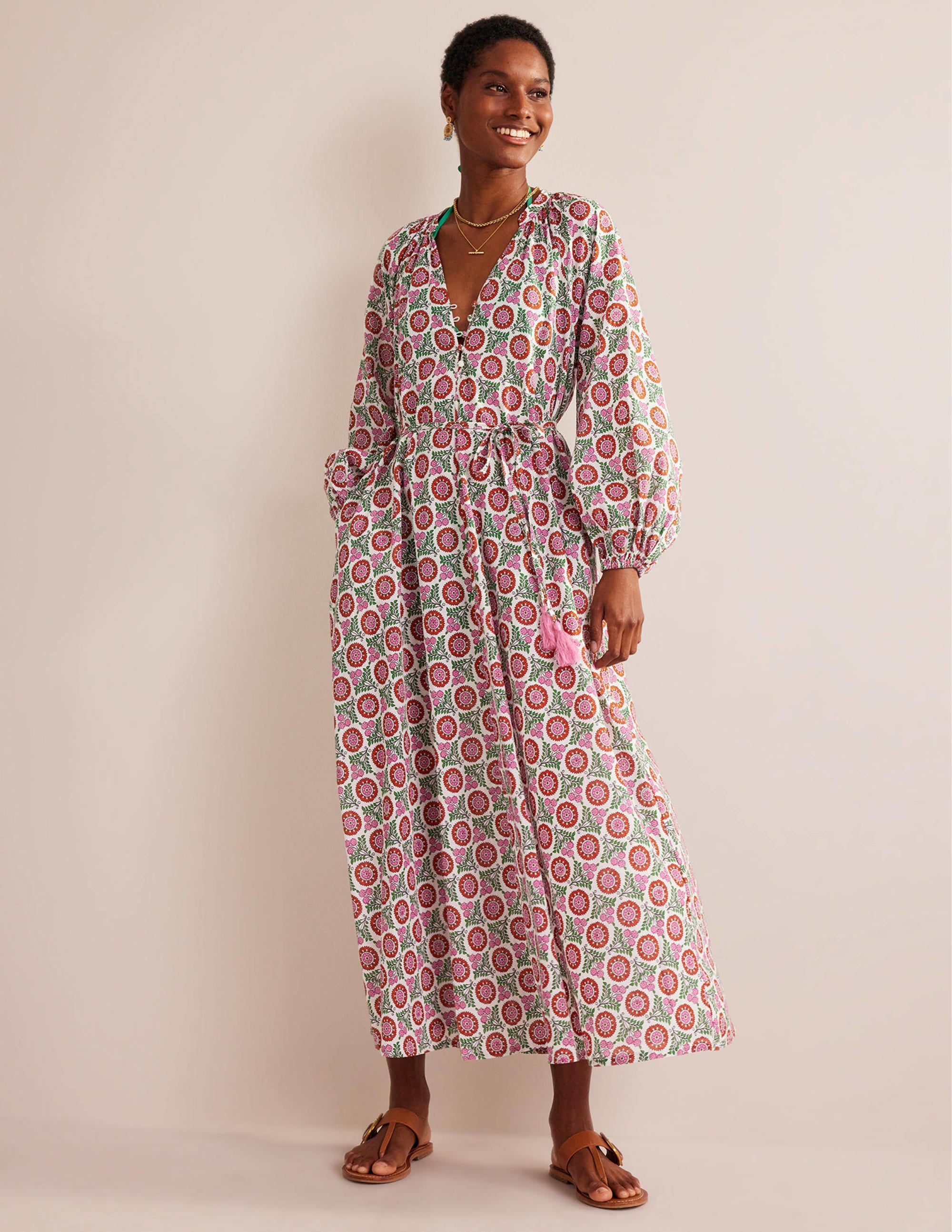Maxikleid aus Baumwolle mit Keilausschnitt-Gin Fizz, Sonnenblumenzweig - Image 1