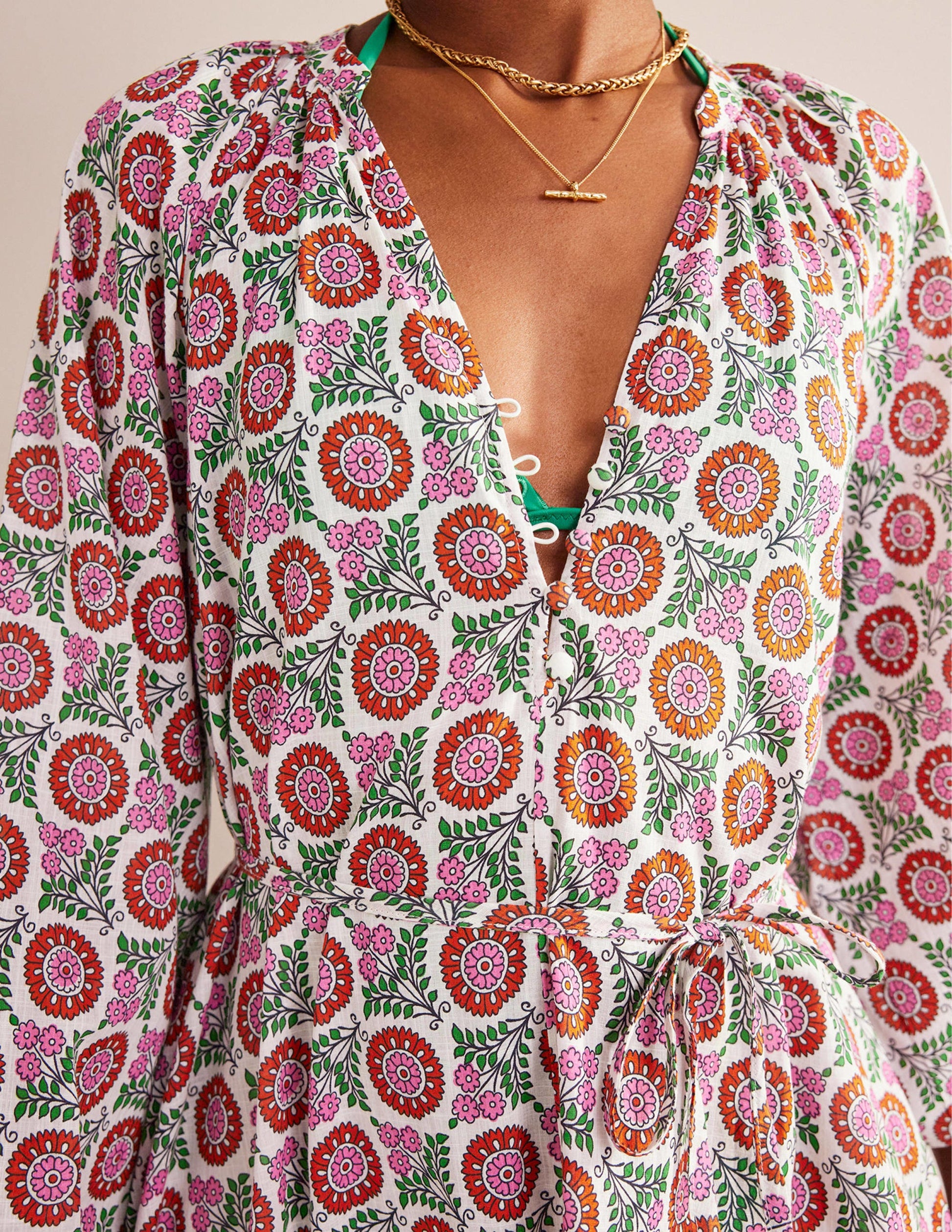 Maxikleid aus Baumwolle mit Keilausschnitt-Gin Fizz, Sonnenblumenzweig-2