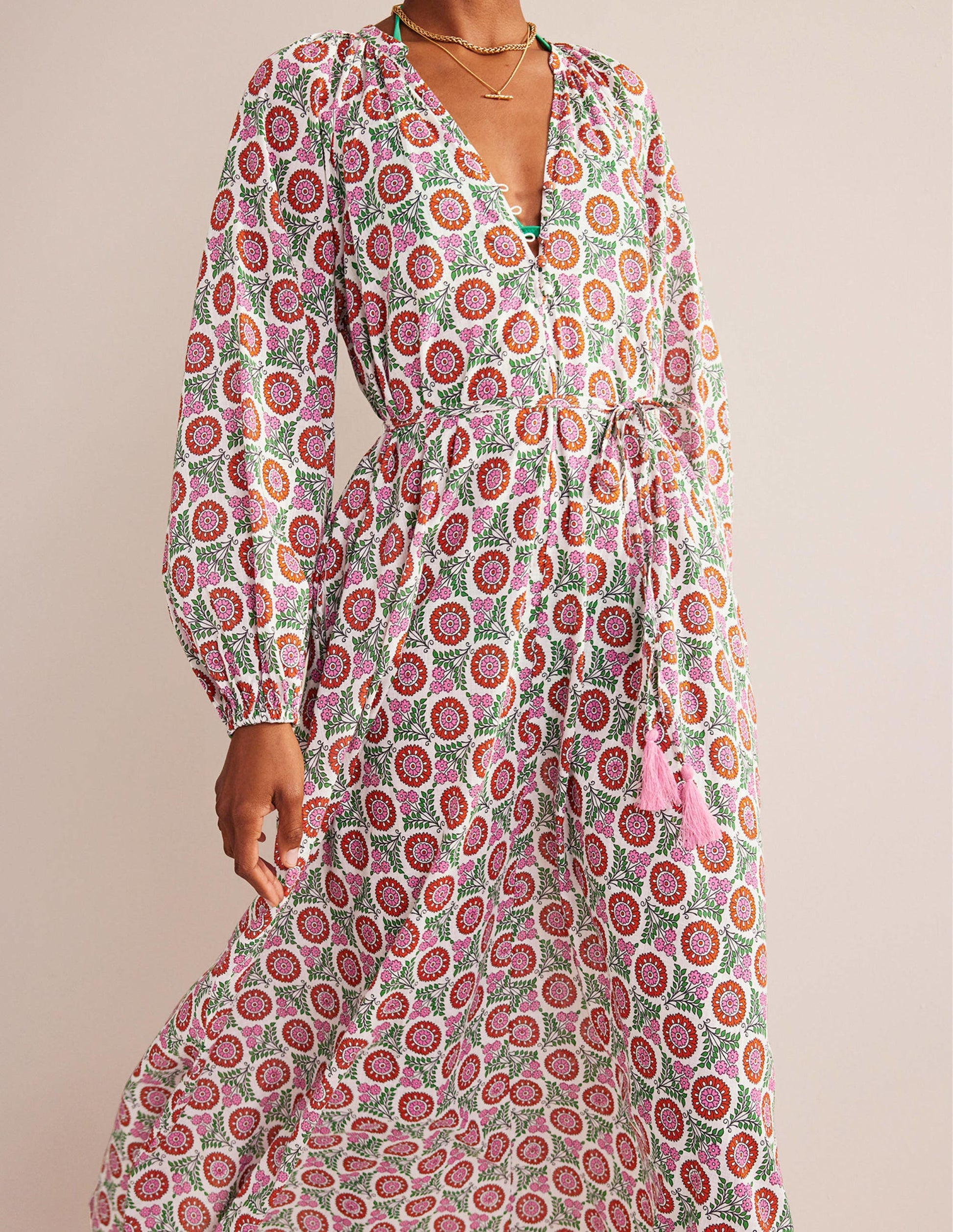 Maxikleid aus Baumwolle mit Keilausschnitt-Gin Fizz, Sonnenblumenzweig-4