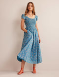 Robe à smocks dans le dos-Bleu dauphin, motif Meadow Fall