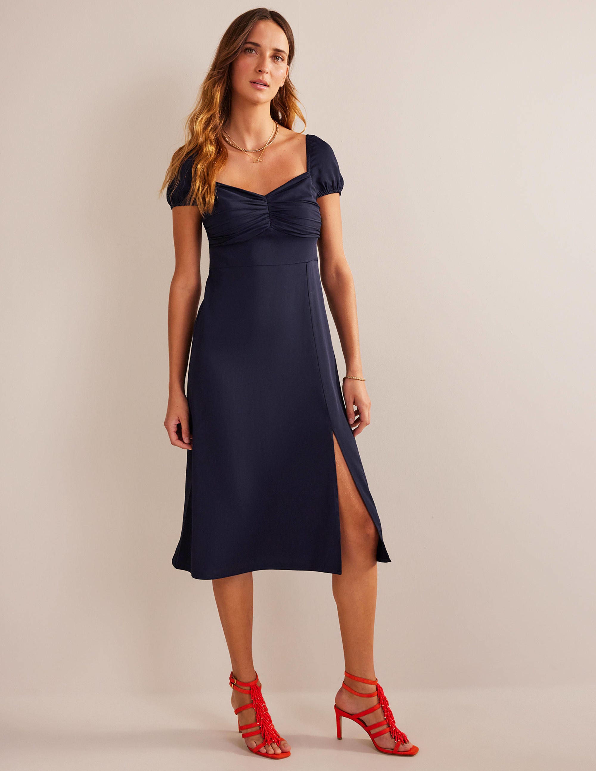 Robe style 40s à mancherons et coupe en biais-Bleu marine - Image 1
