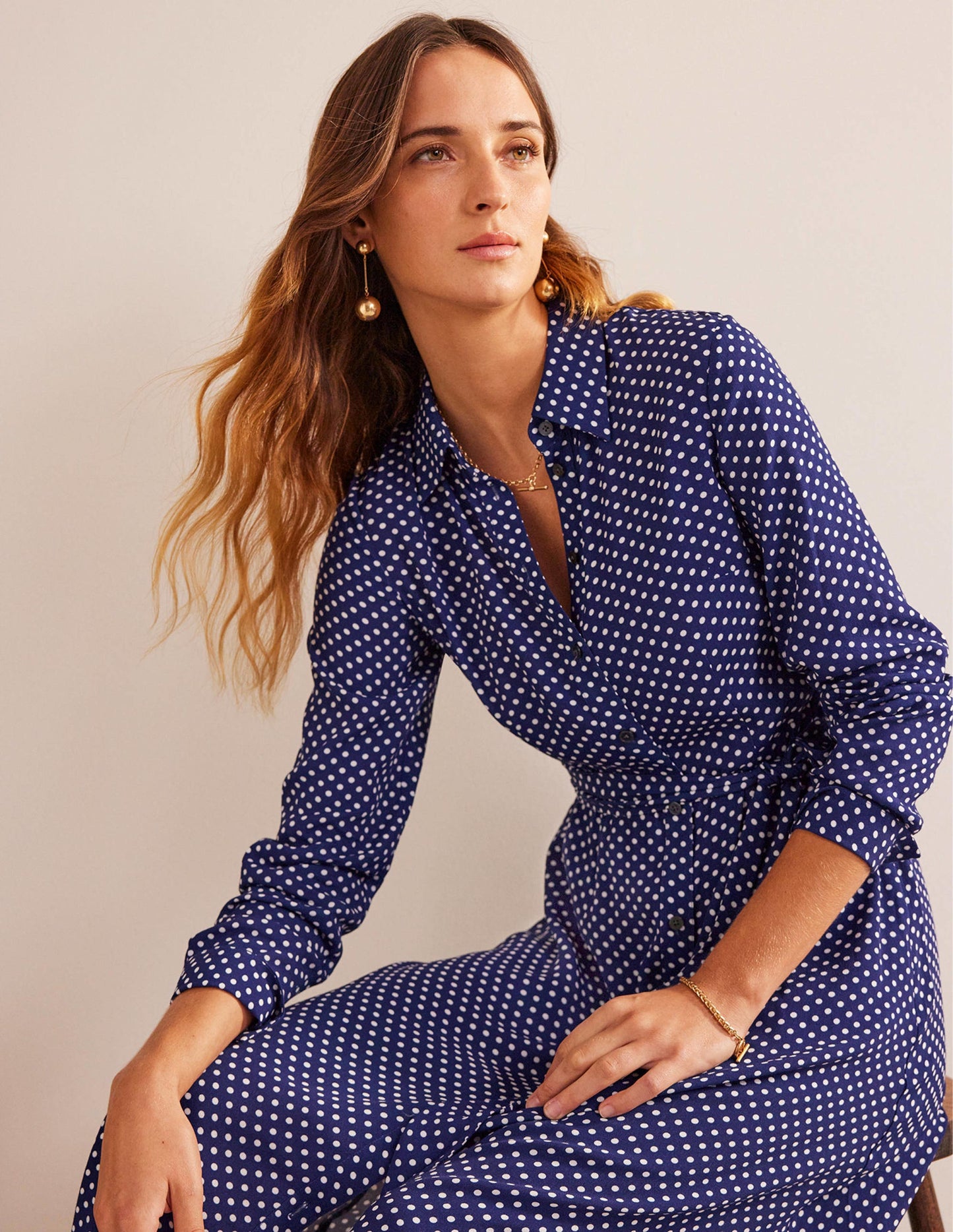 Kate Midi Shirt Dress-Navy, Dotty