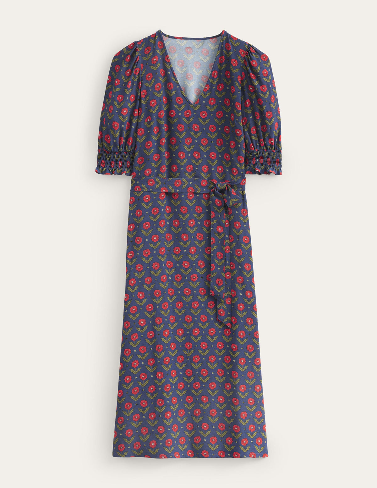 Midikleid mit gesmokten Bündchen-Marineblau, Gänseblümchenblätter-9