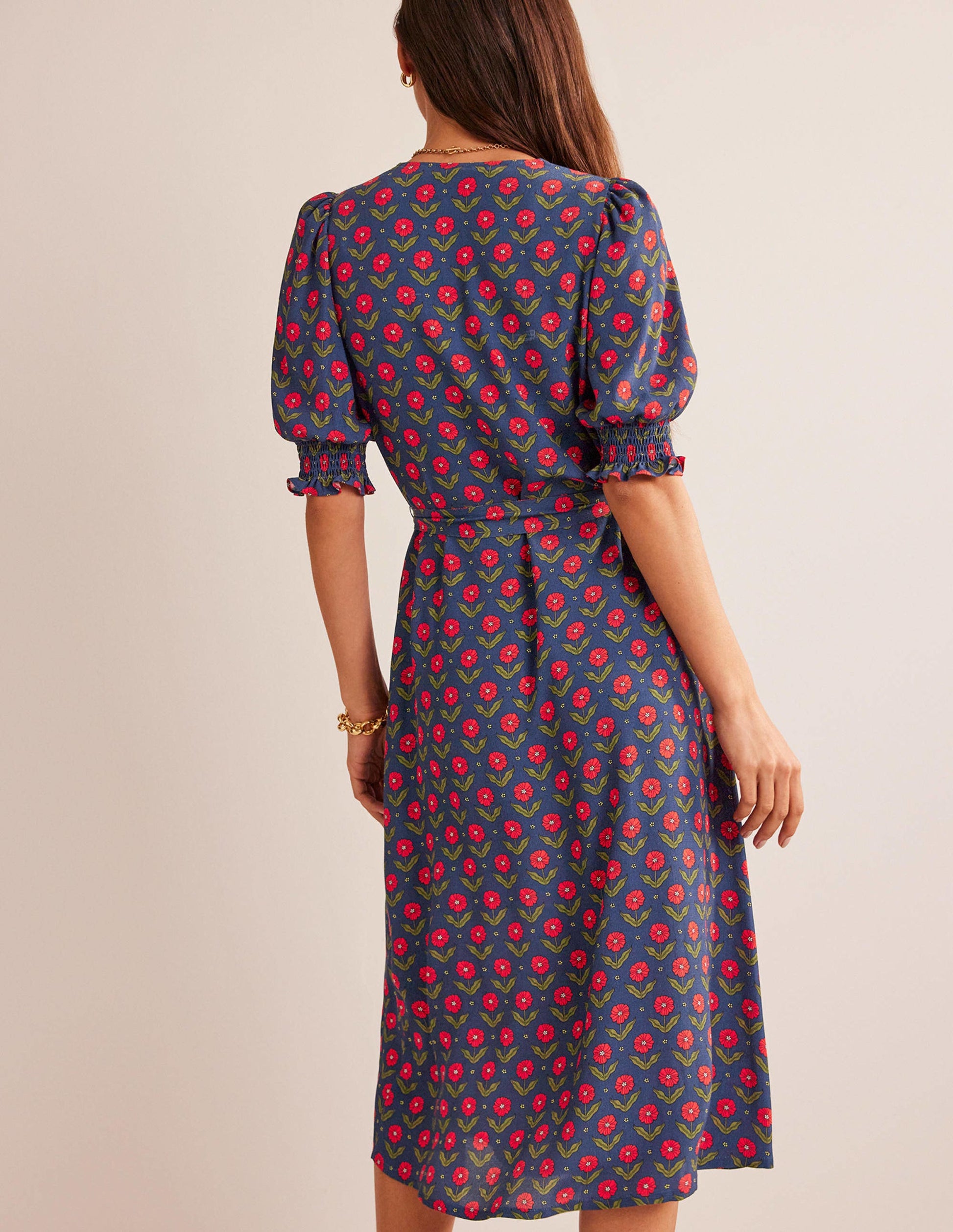 Midikleid mit gesmokten Bündchen-Marineblau, Gänseblümchenblätter-3