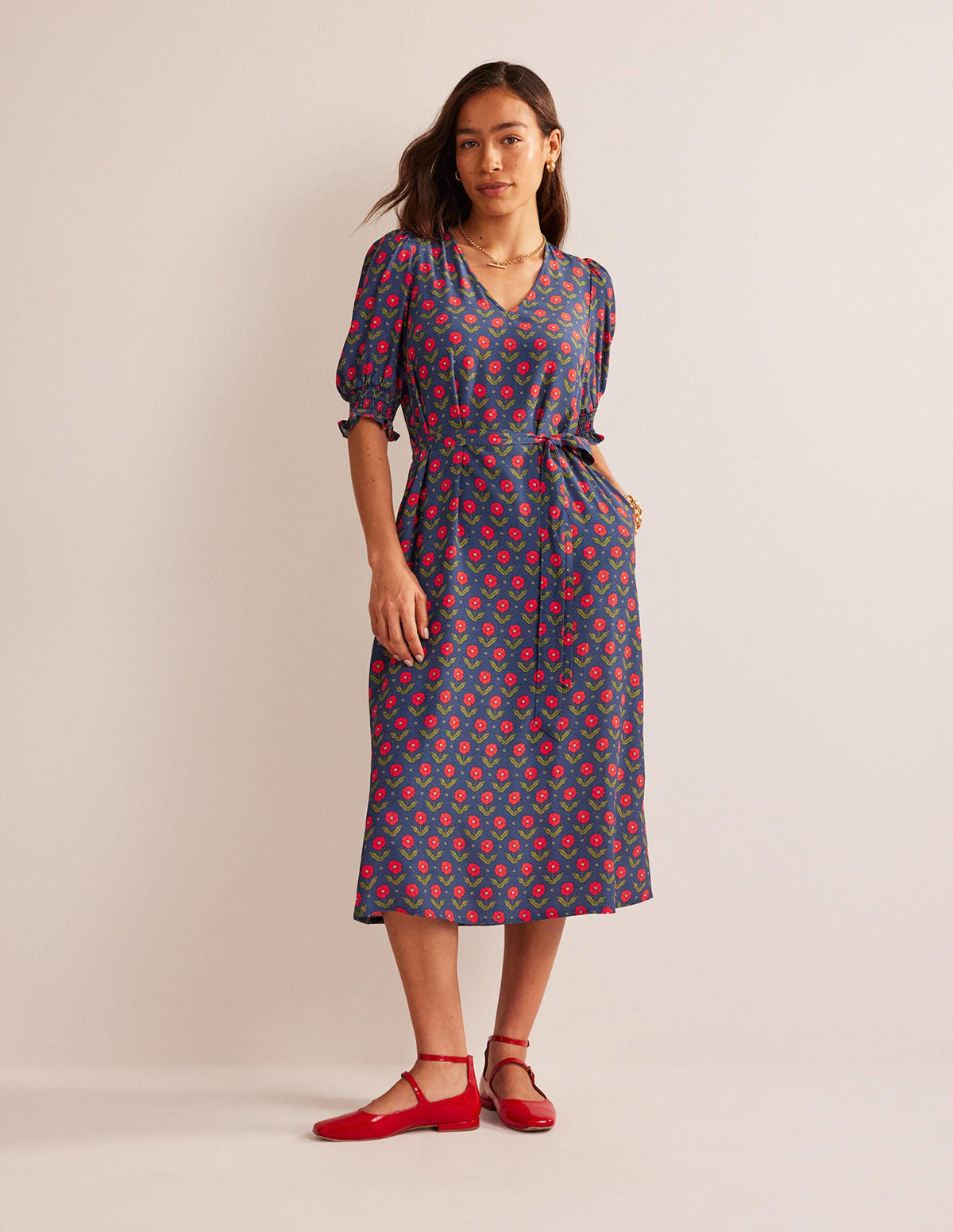 Midikleid mit gesmokten Bündchen-Marineblau, Gänseblümchenblätter-5