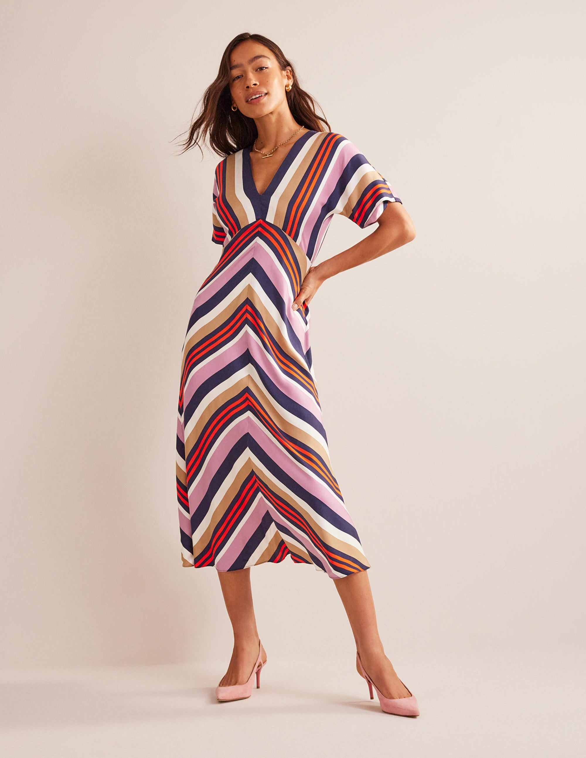 Robe midi col V en satin-Rayé multi - Image 1