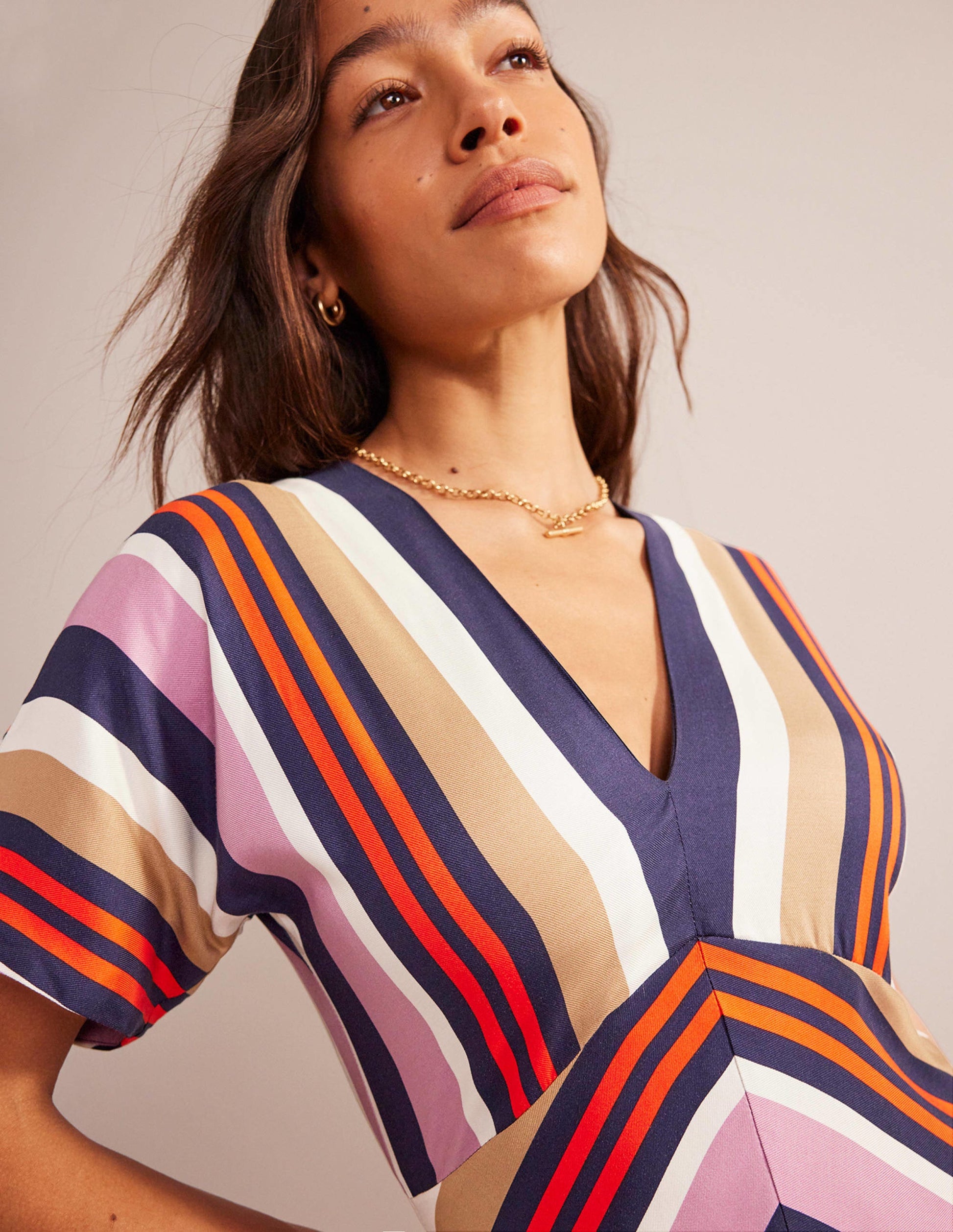Robe midi col V en satin-Rayé multi-2