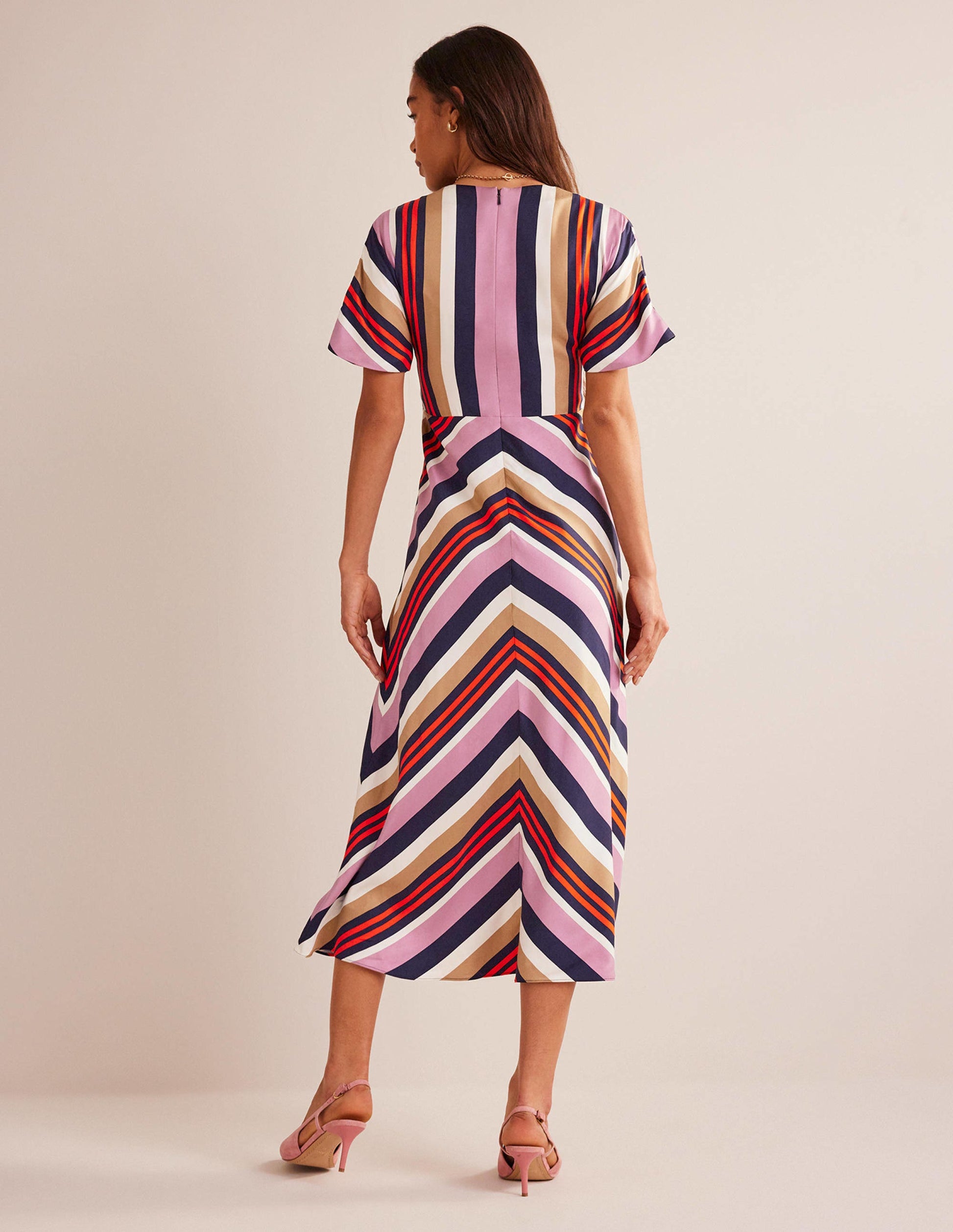 Robe midi col V en satin-Rayé multi-3