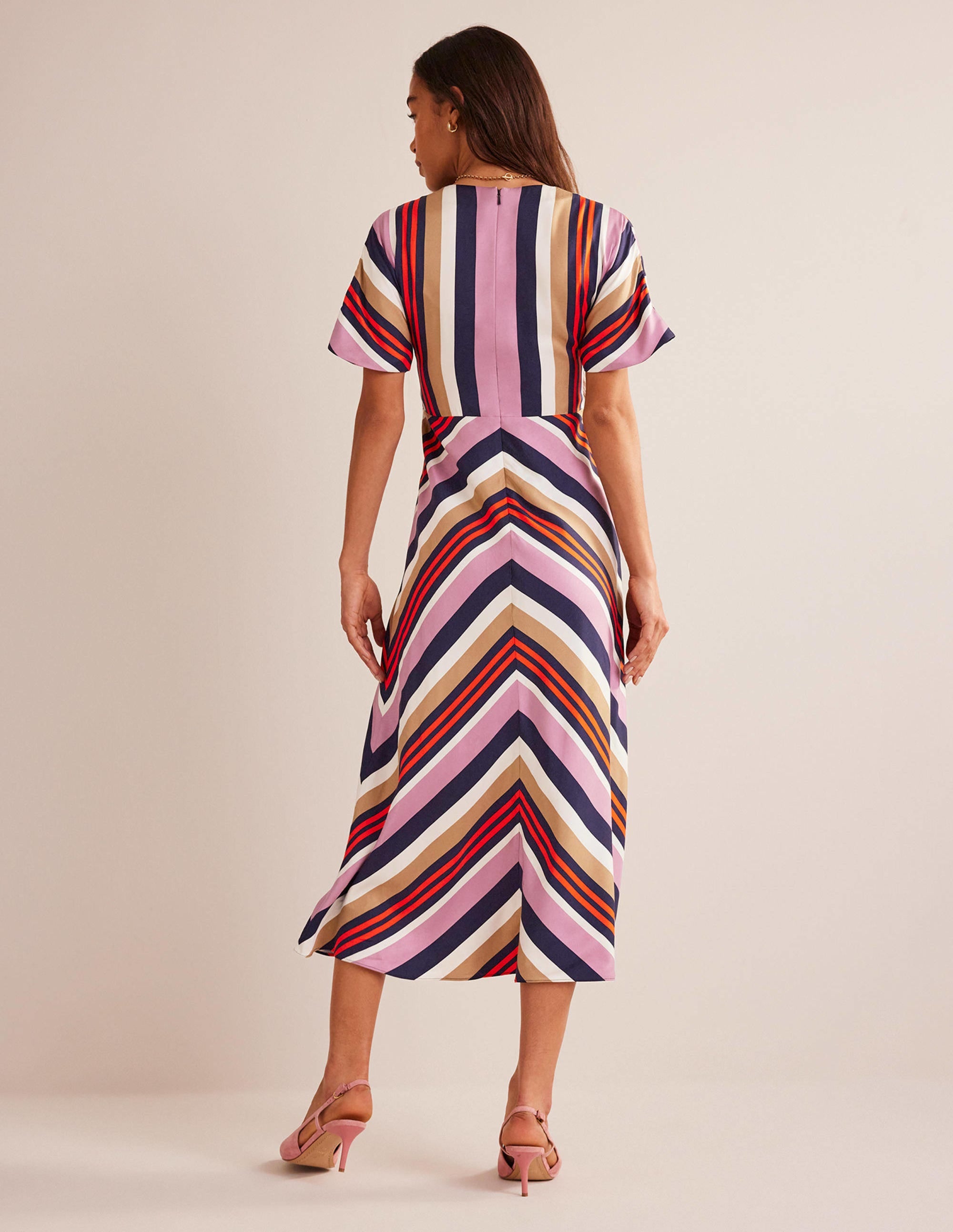 Robe midi col V en satin-Rayé multi - Image 3