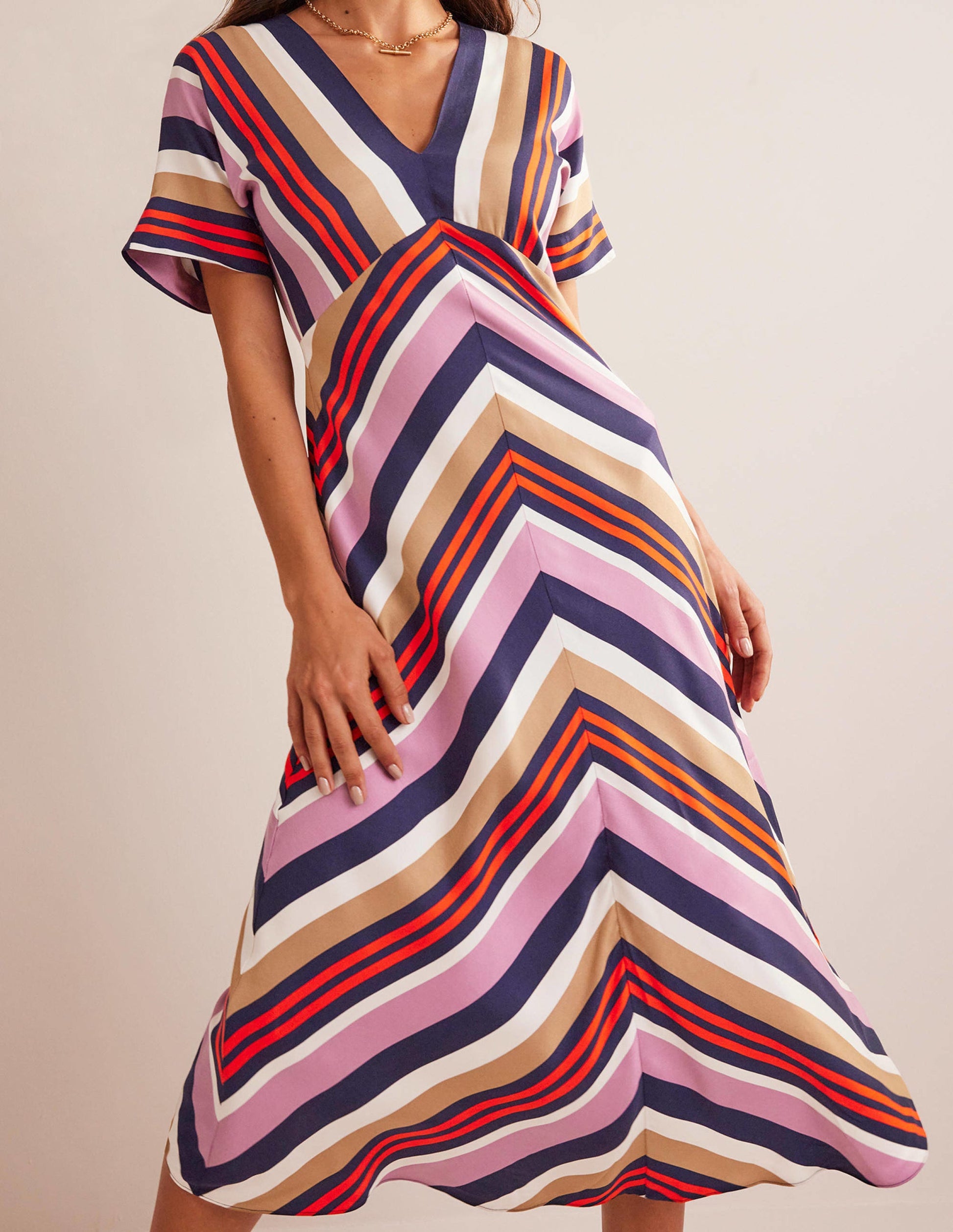 Robe midi col V en satin-Rayé multi-4