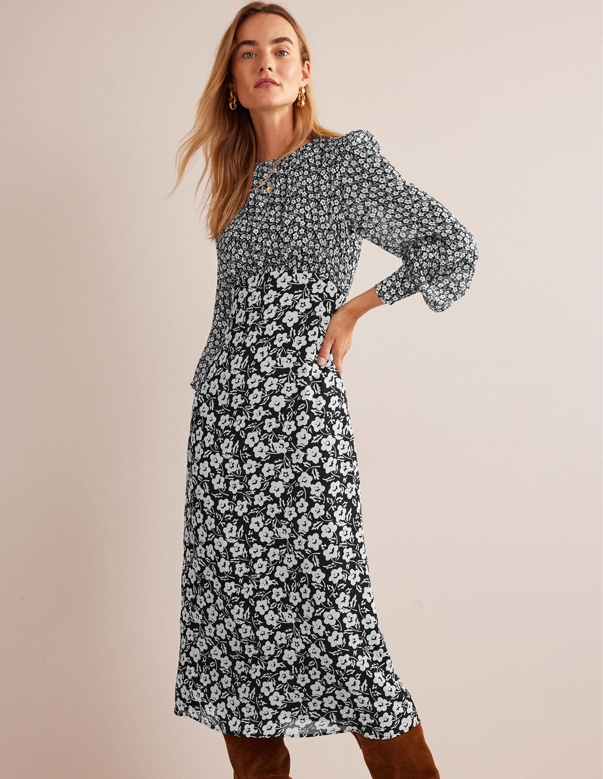 Hotched Midi Tea Dress-Black, Petal Pop - Image 1