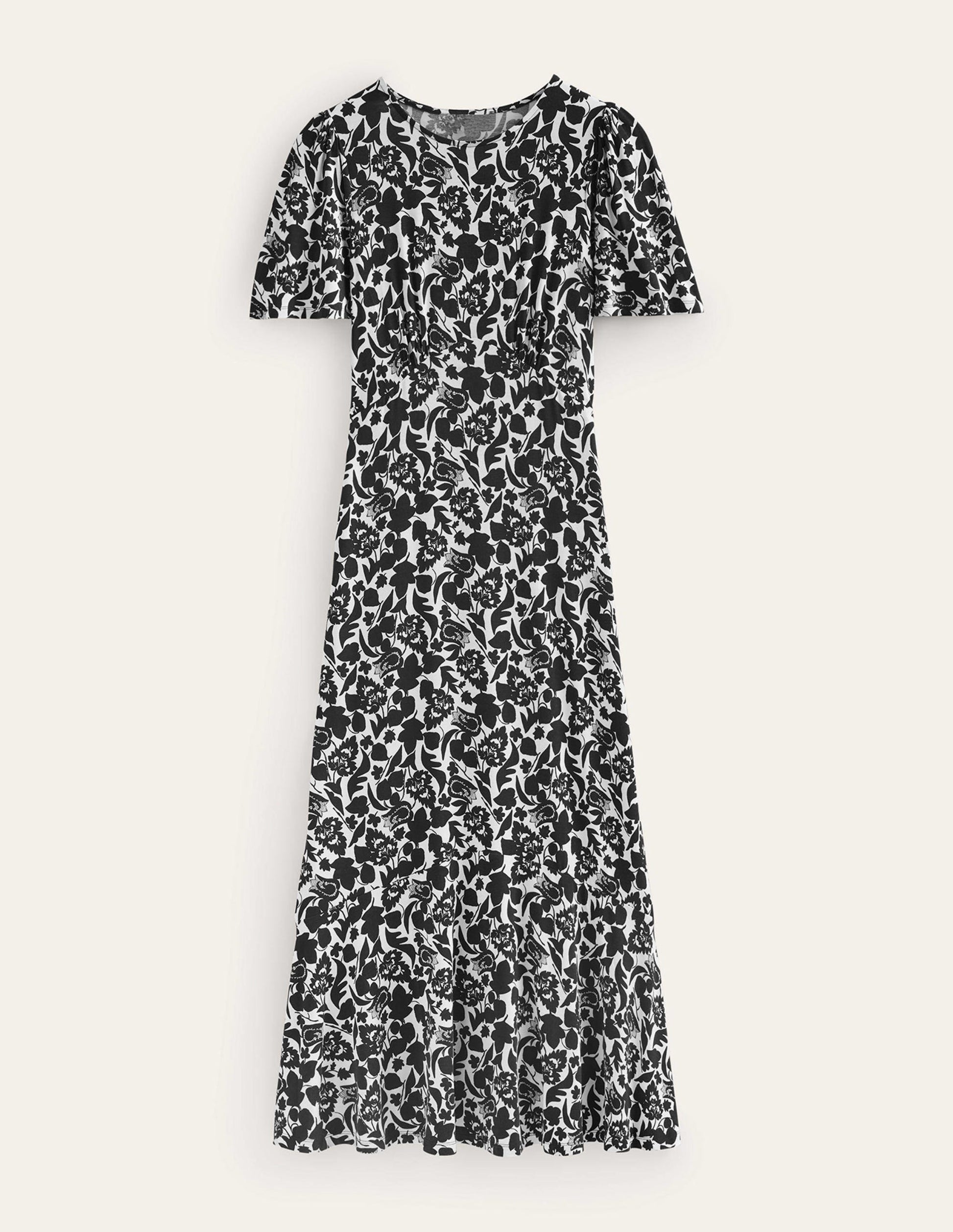 Robe style 40s à taille empire et dos torsadé-Noir, motif Tulip Bloom-5