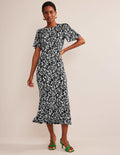 Robe style 40s à taille empire et dos torsadé-Noir, motif Tulip Bloom