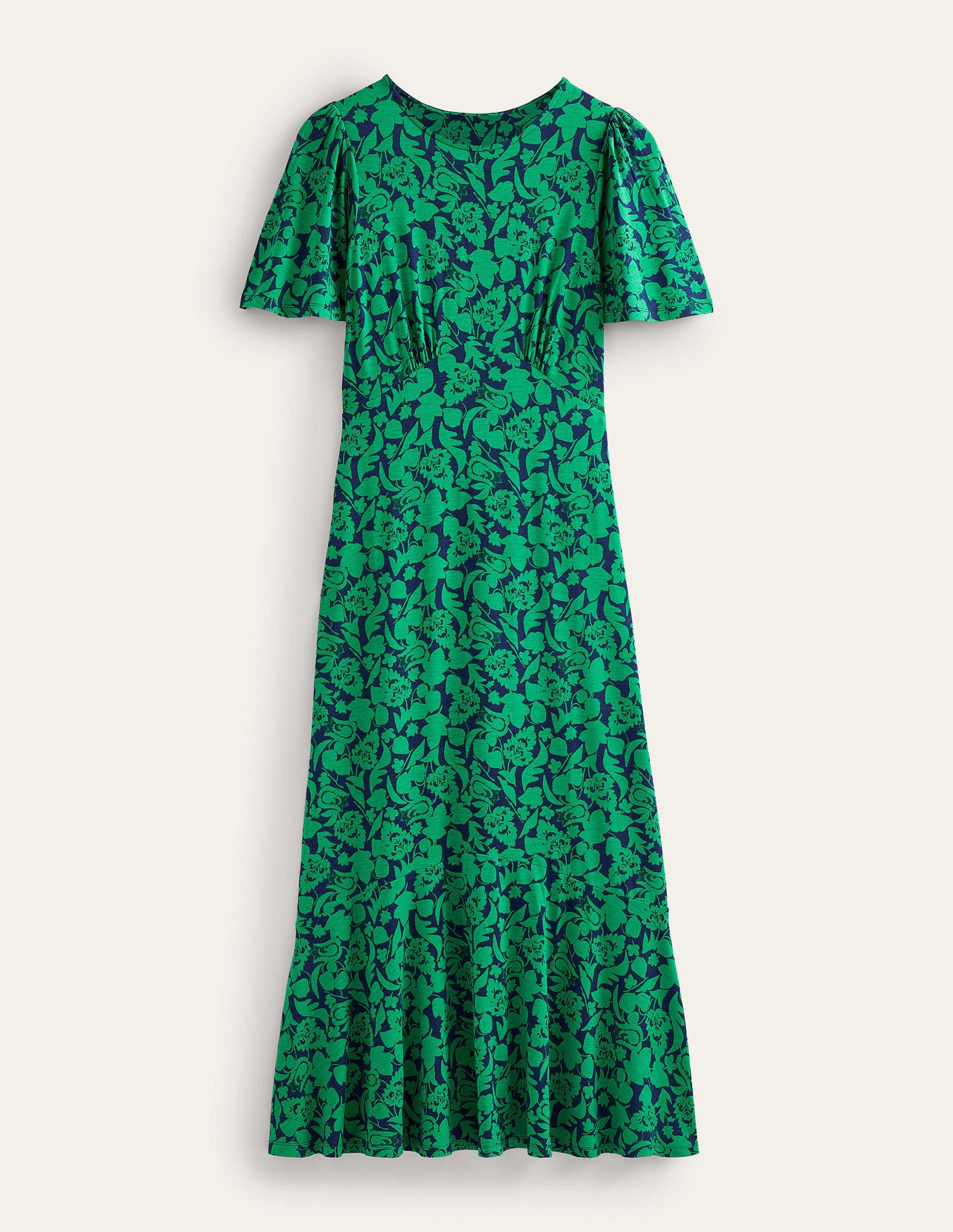 Robe style 40s à taille empire et dos torsadé-Vert prairie, motif Tulip Bloom-6