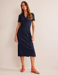 Ribbed-Jersey Midi Shirt Dress-Navy