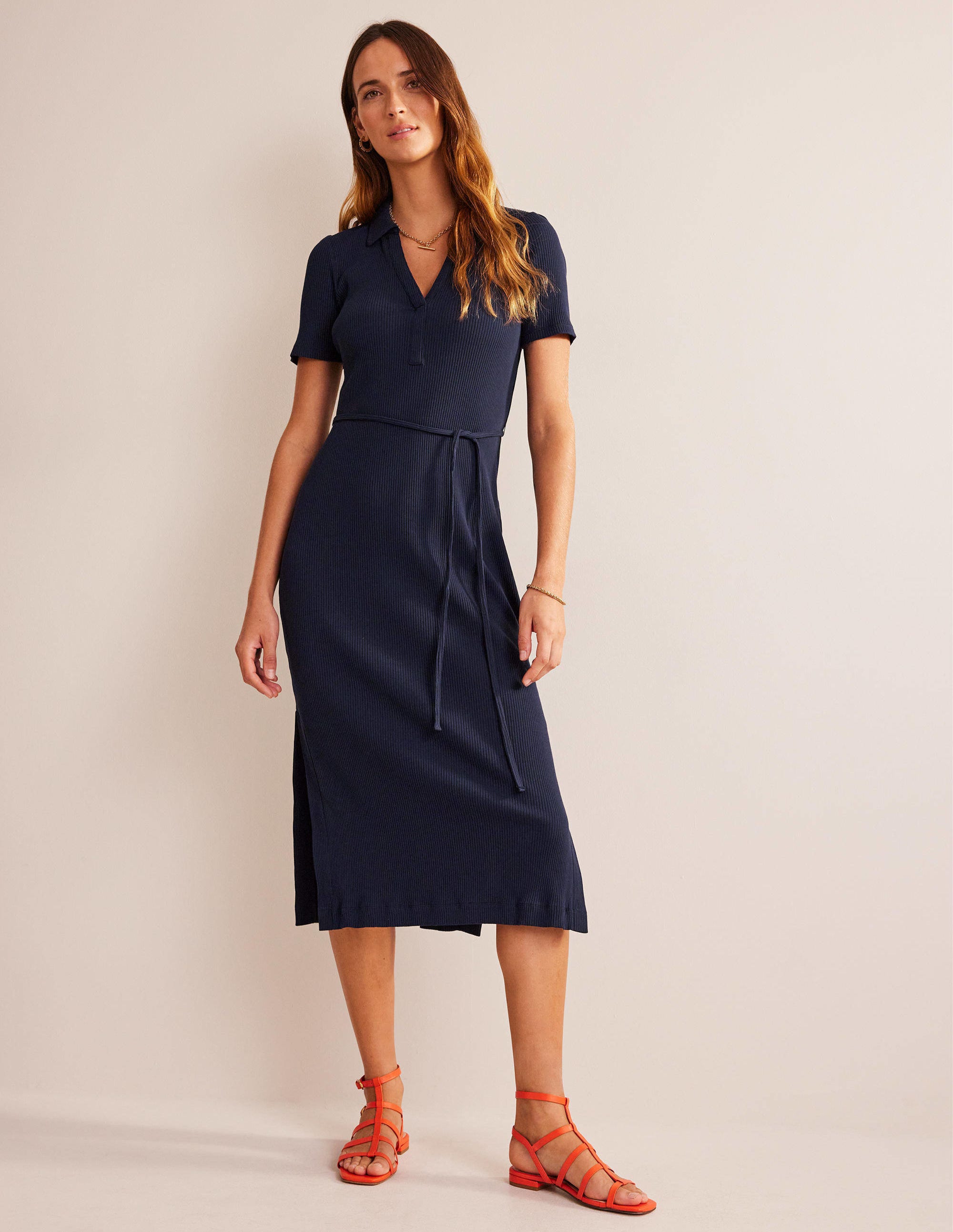 Ribbed-Jersey Midi Shirt Dress-Navy - Image 1