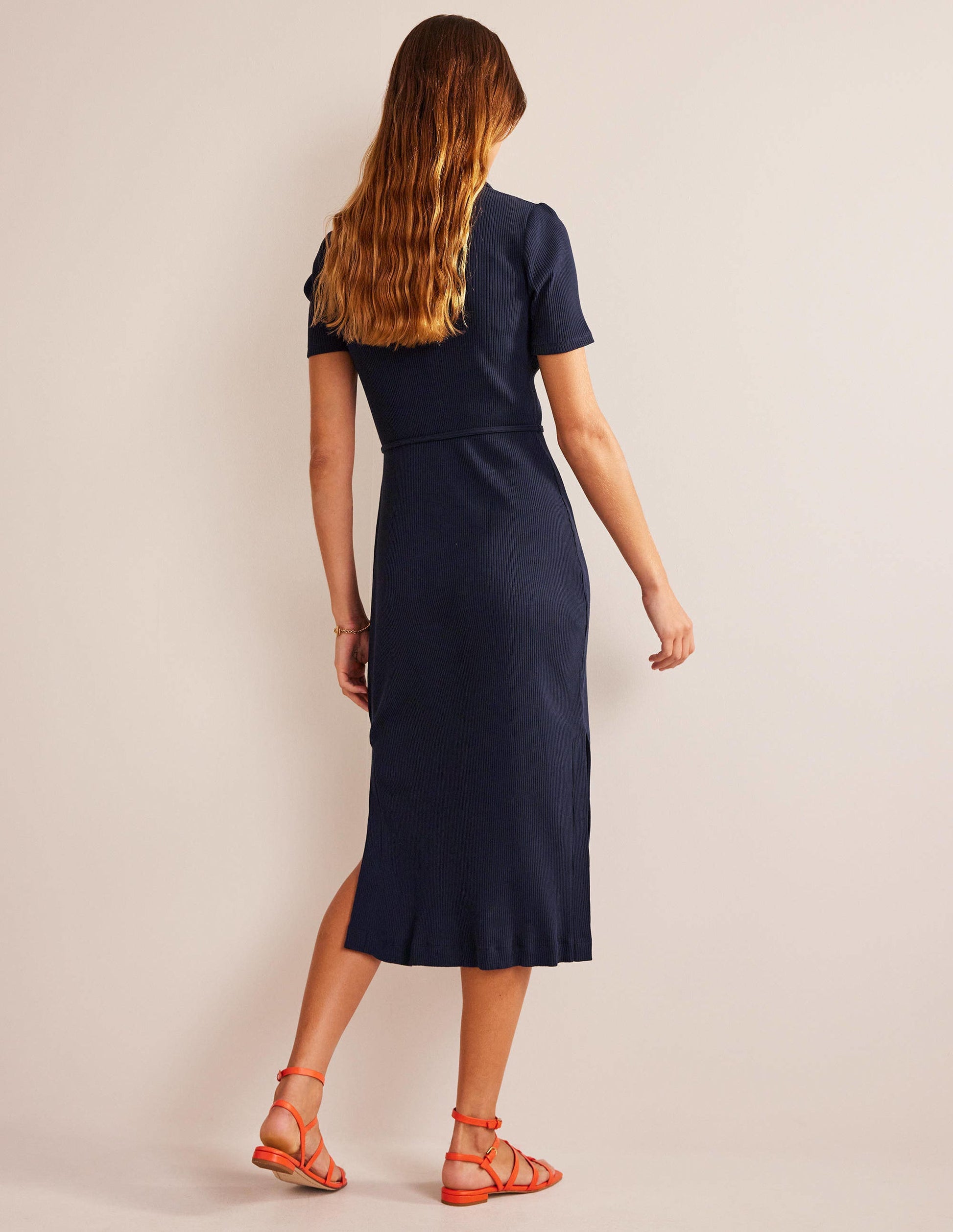 Ribbed-Jersey Midi Shirt Dress-Navy-3