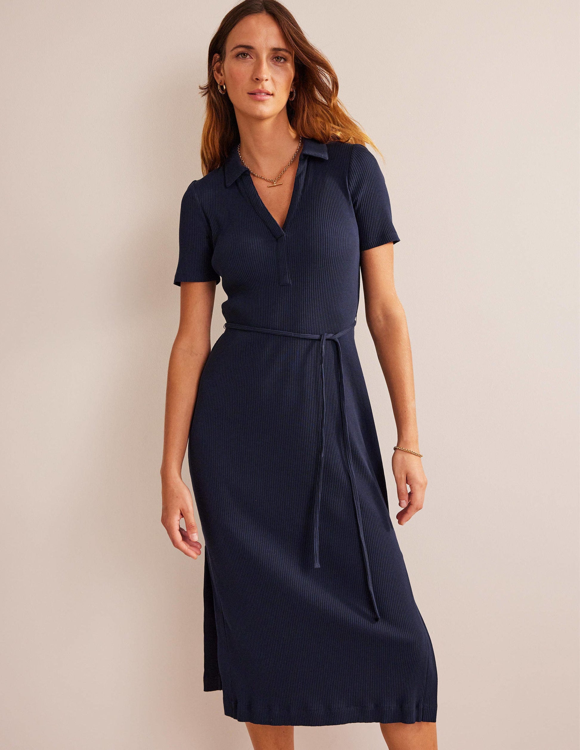 Ribbed-Jersey Midi Shirt Dress-Navy-4