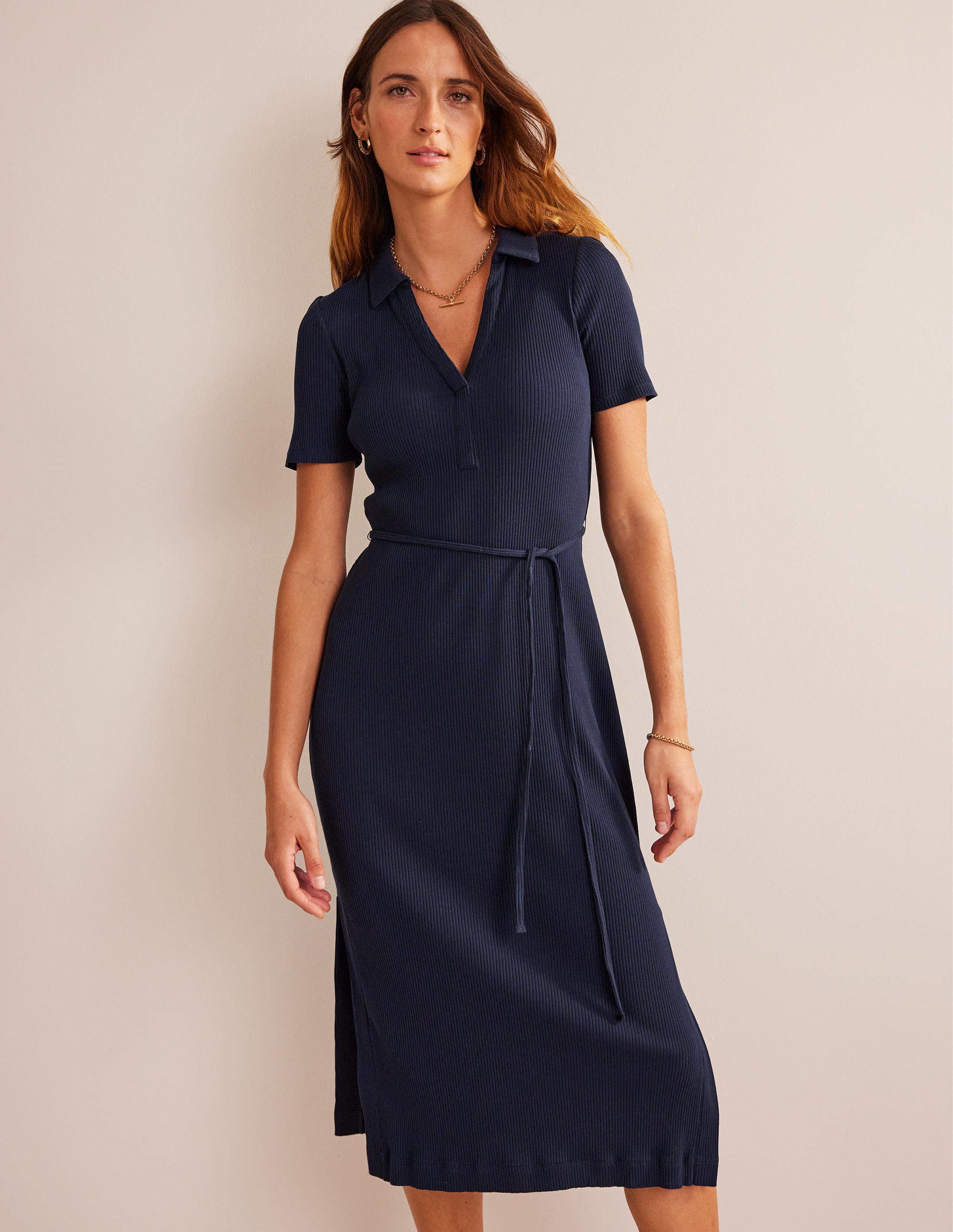 Ribbed-Jersey Midi Shirt Dress-Navy - Image 4
