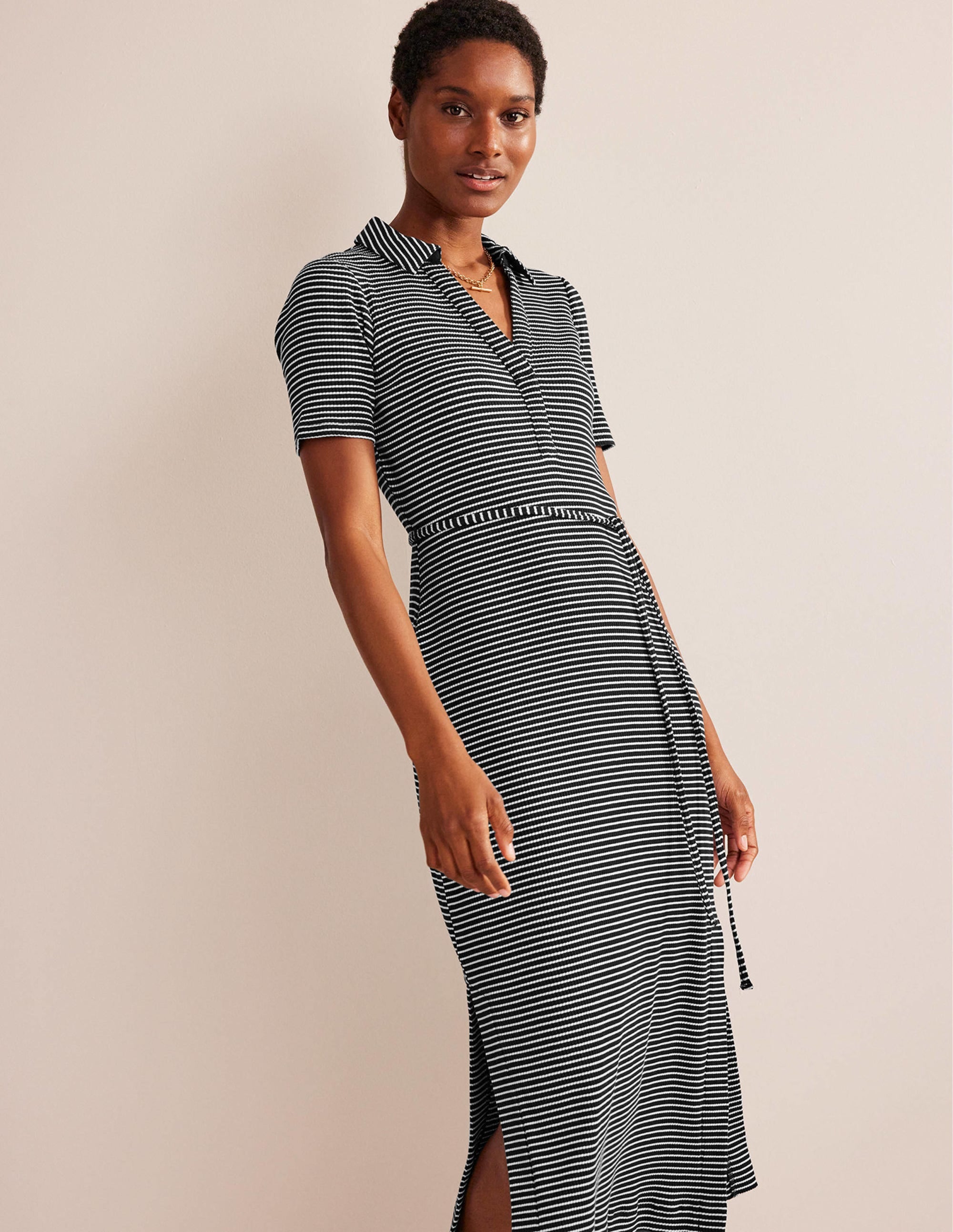 Henley Hemdblusenkleid-Schwarz, Naturweiß Gestreift - Image 1