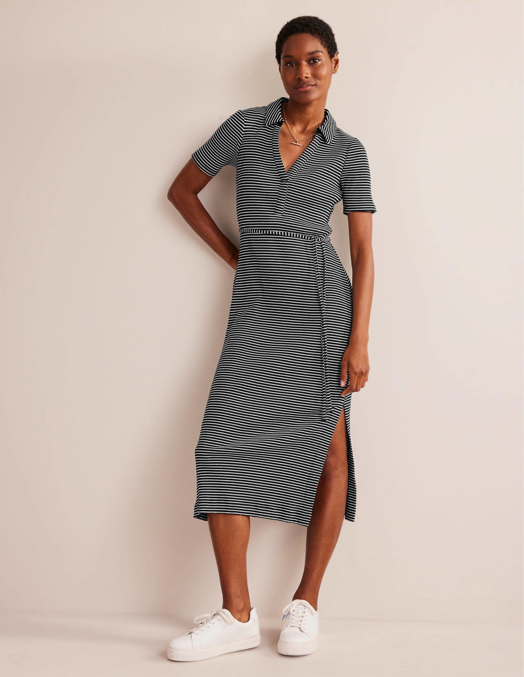 Henley Hemdblusenkleid-Schwarz, Naturweiß Gestreift - Image 2
