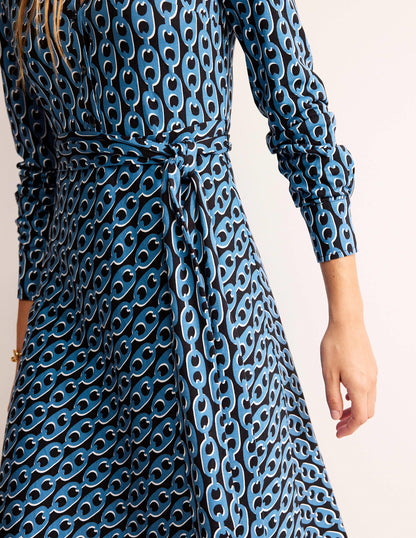 Laura Midi-Hemdblusenkleid aus Jersey-Azurblau, Geo-Kette-2