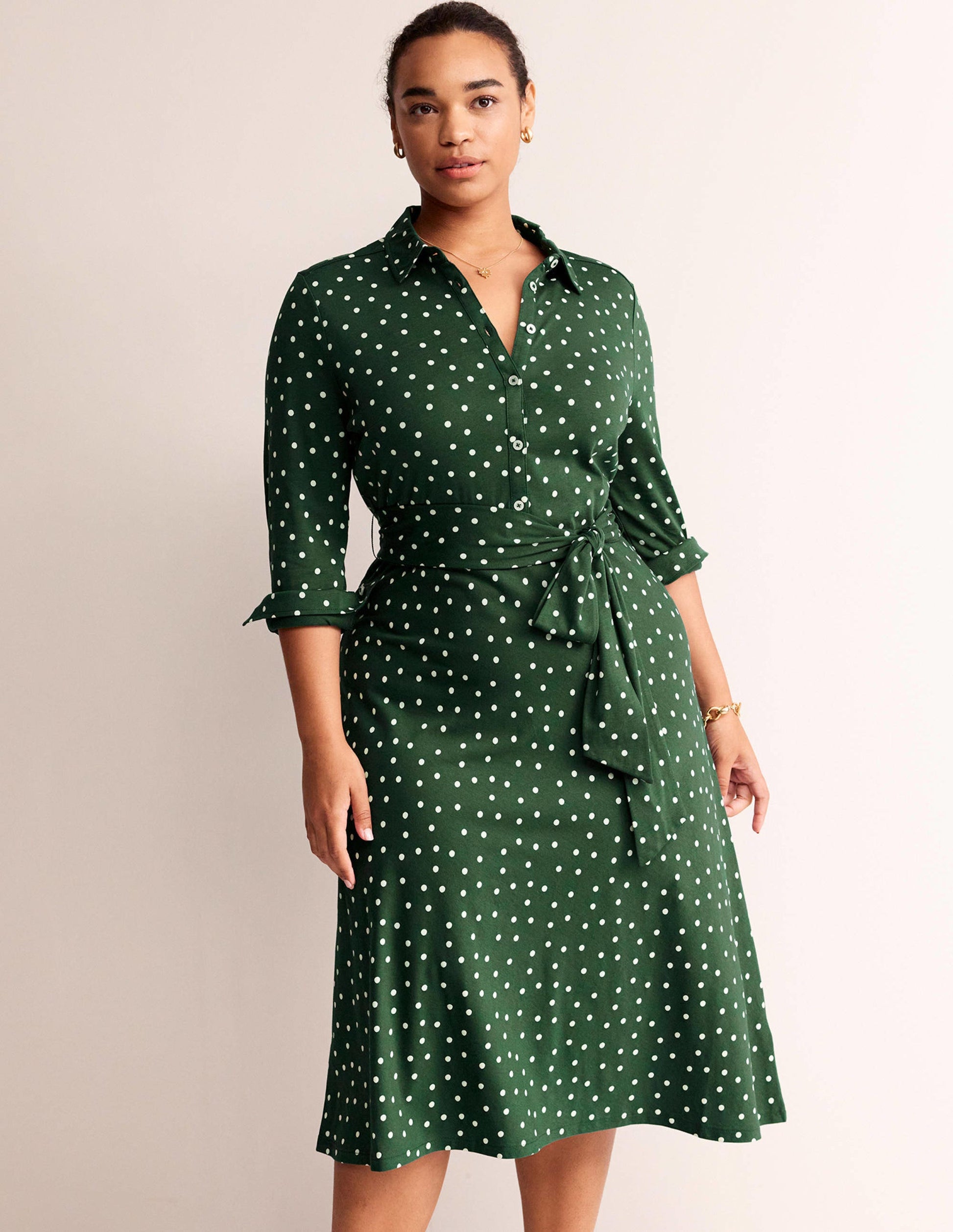 Laura Midi-Hemdblusenkleid aus Jersey-Dunkles Smaragdgrün, Spaced Dot-7
