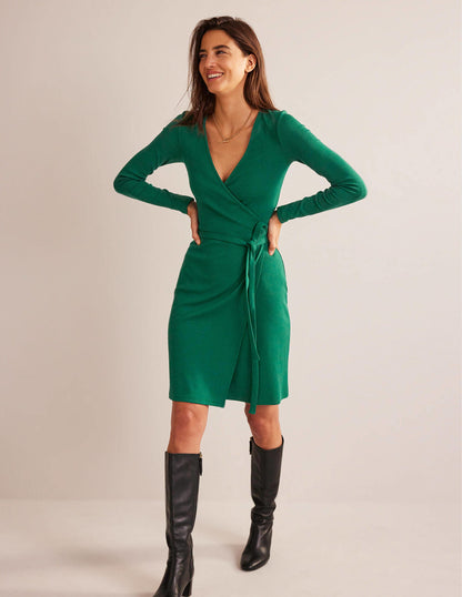 Wickelkleid aus Rippstrick-Jersey-Dunkles Smaragdgrün