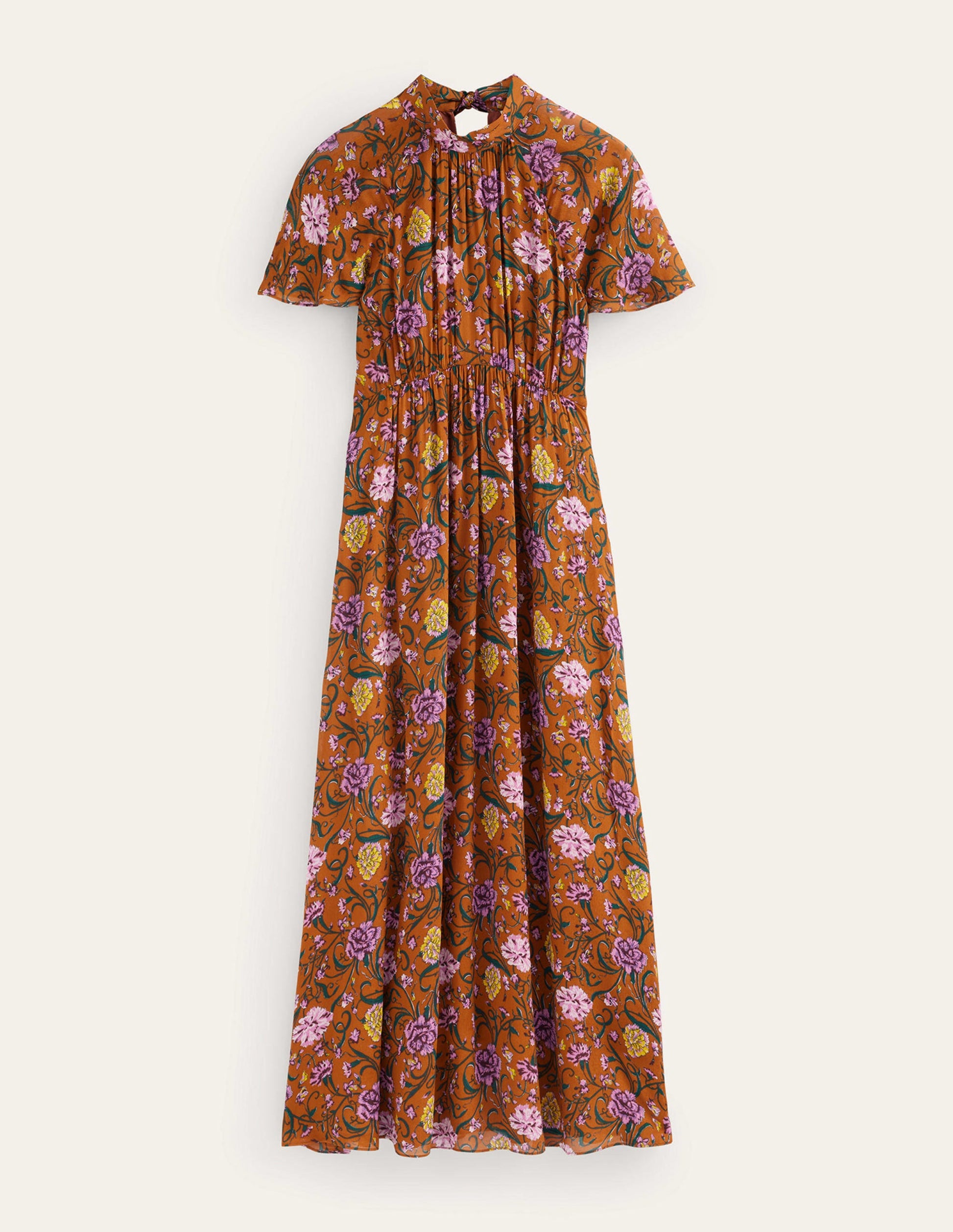 Robe midi froncée & nouée dans le dos-Citrouille, motif Freesia-6