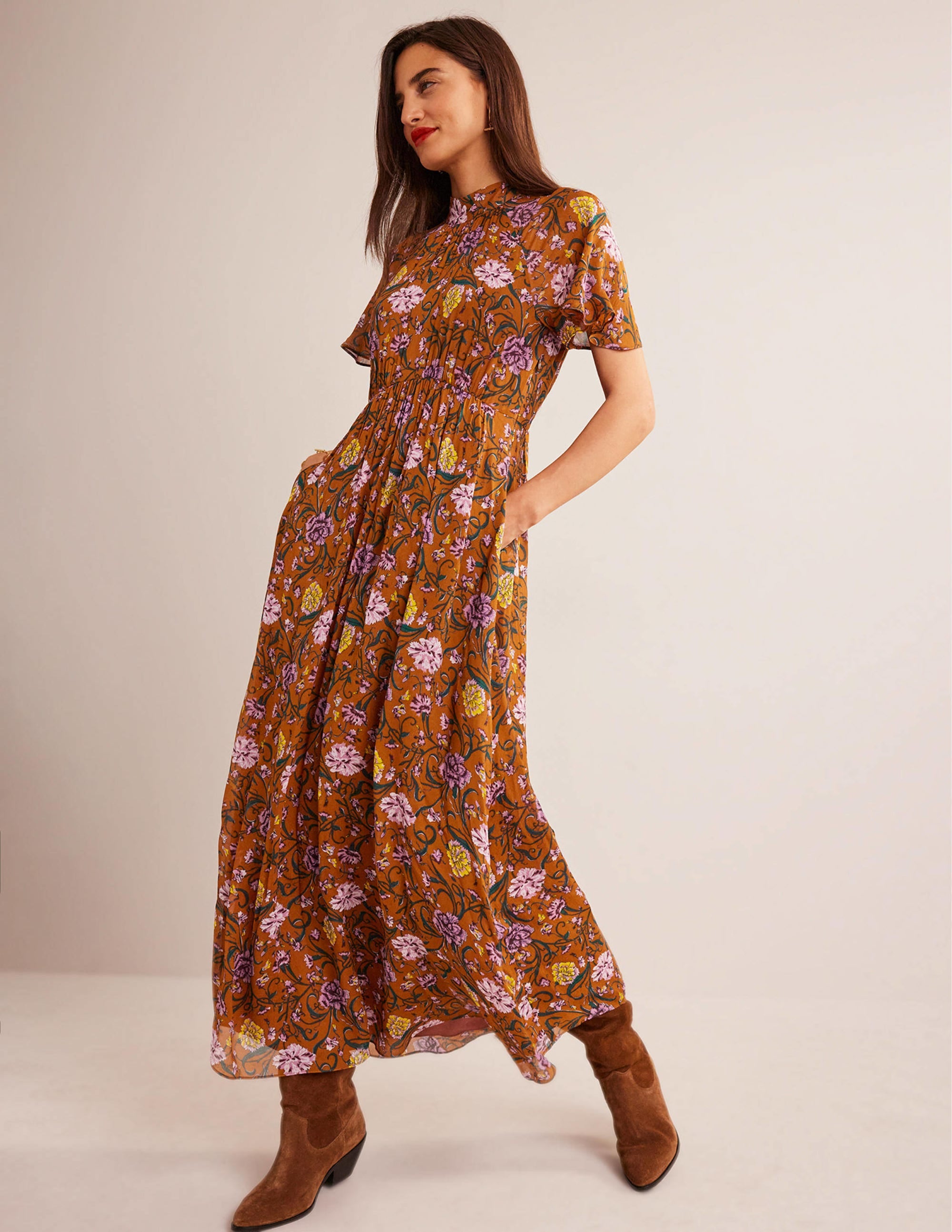 Robe midi froncée & nouée dans le dos-Citrouille, motif Freesia - Image 1