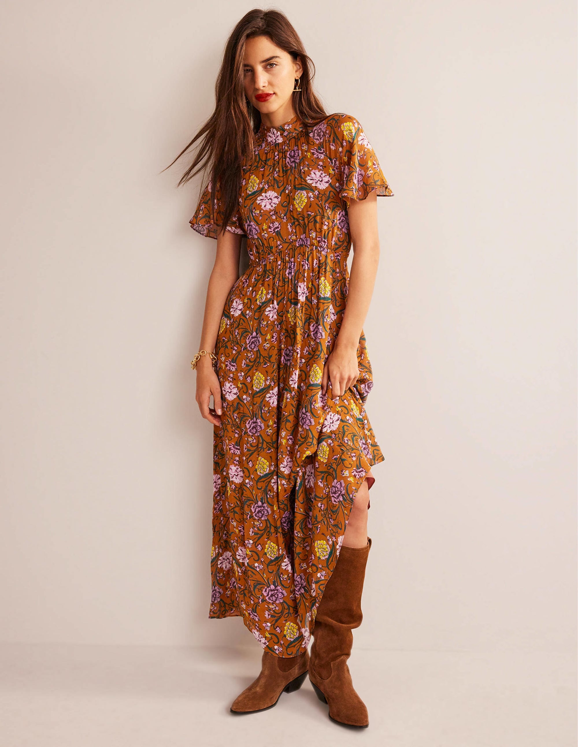 Robe midi froncée & nouée dans le dos-Citrouille, motif Freesia - Image 4