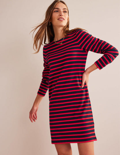 Sophie Jersey-Kleid im Bretonstil-Marineblau, Rot Gestreift