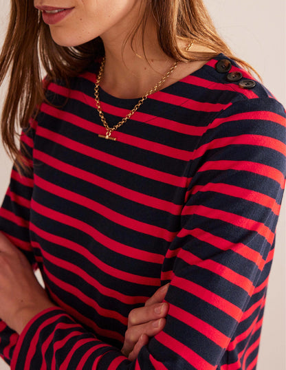 Sophie Jersey-Kleid im Bretonstil-Marineblau, Rot Gestreift