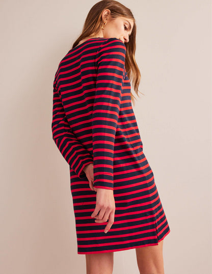 Sophie Jersey-Kleid im Bretonstil-Marineblau, Rot Gestreift