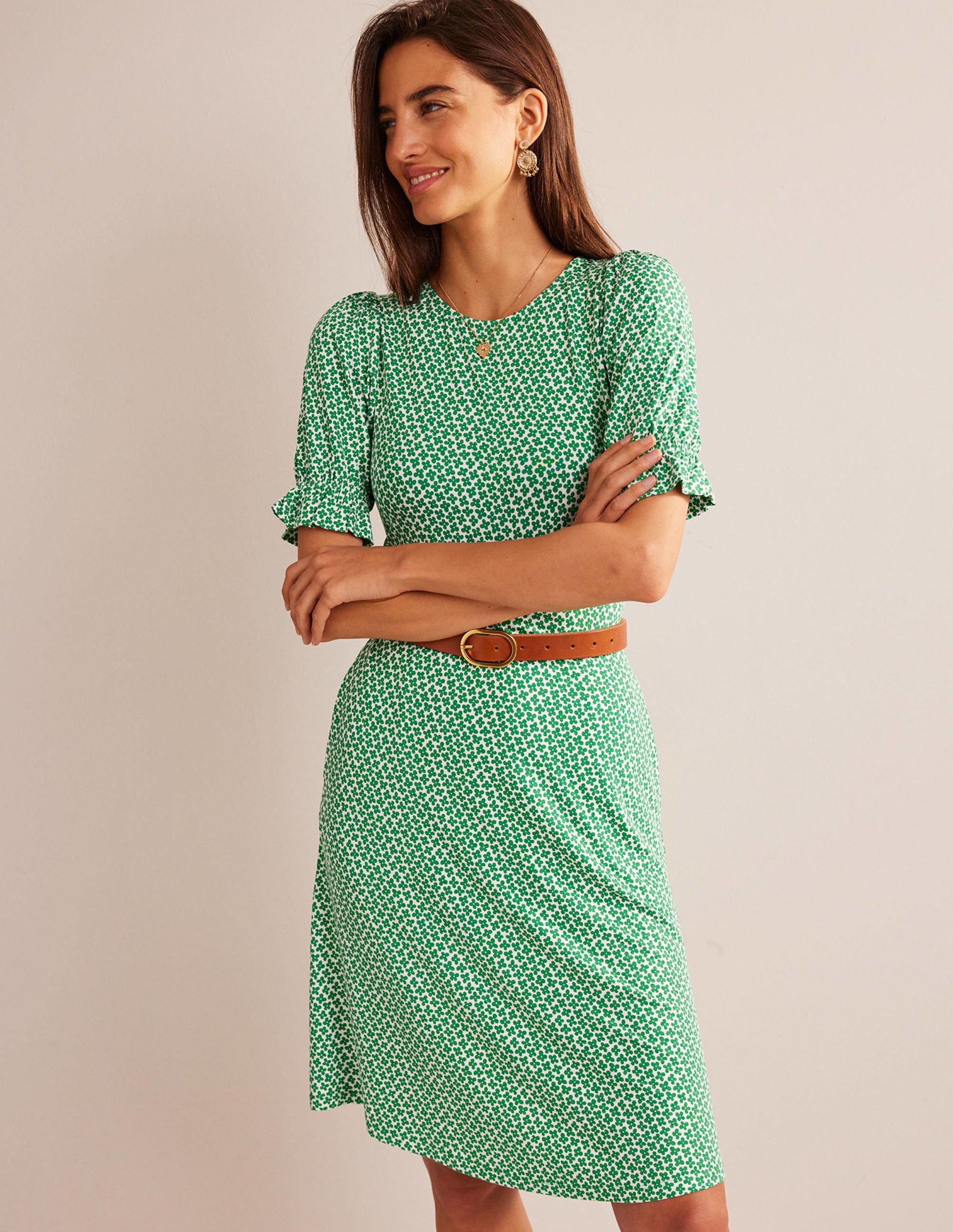Jersey-Minikleid mit Puffärmeln-Wiesengrün, Gänseblümchenknospe-4