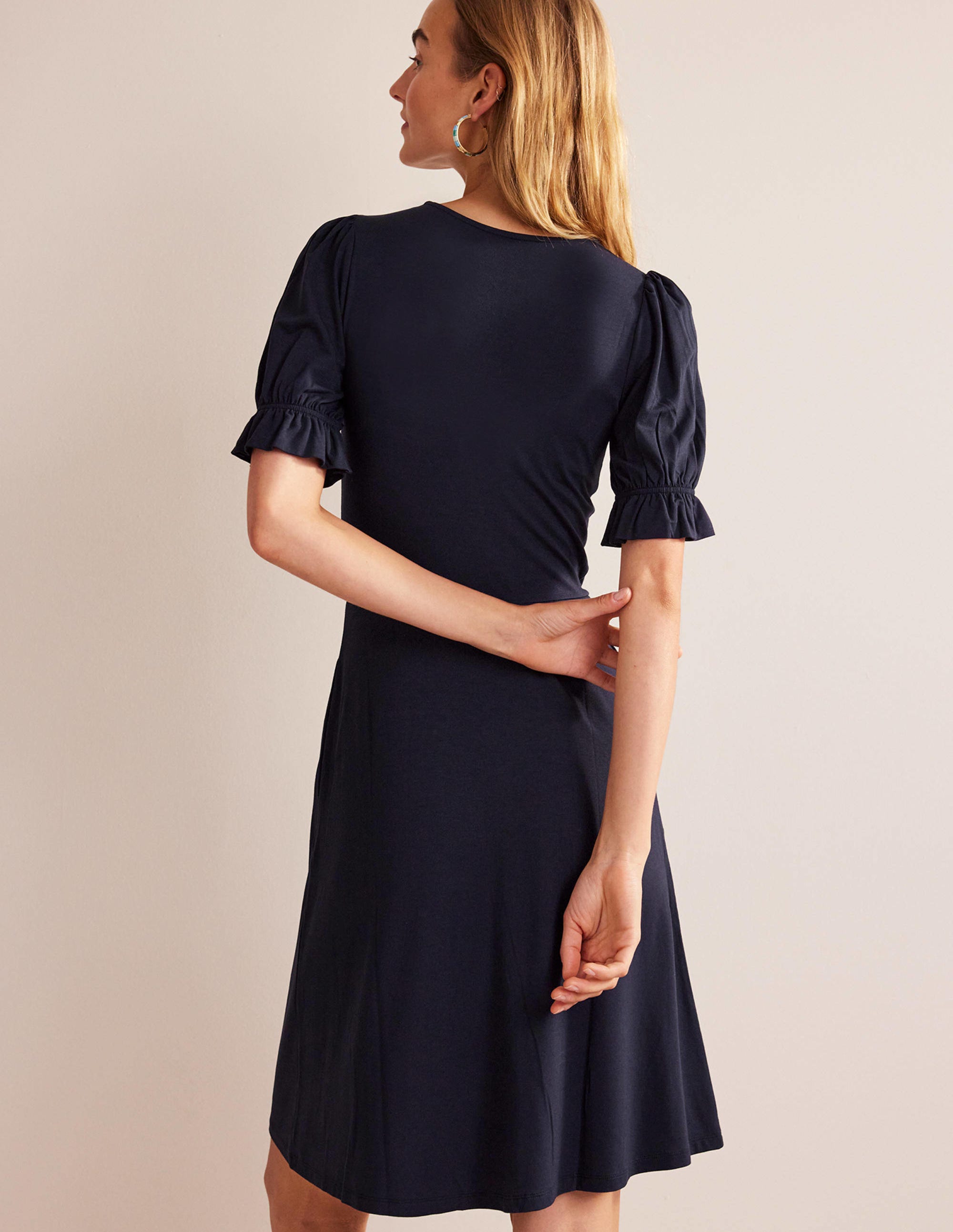 Mini-robe en jersey à manches bouffantes-Bleu marine - Image 3