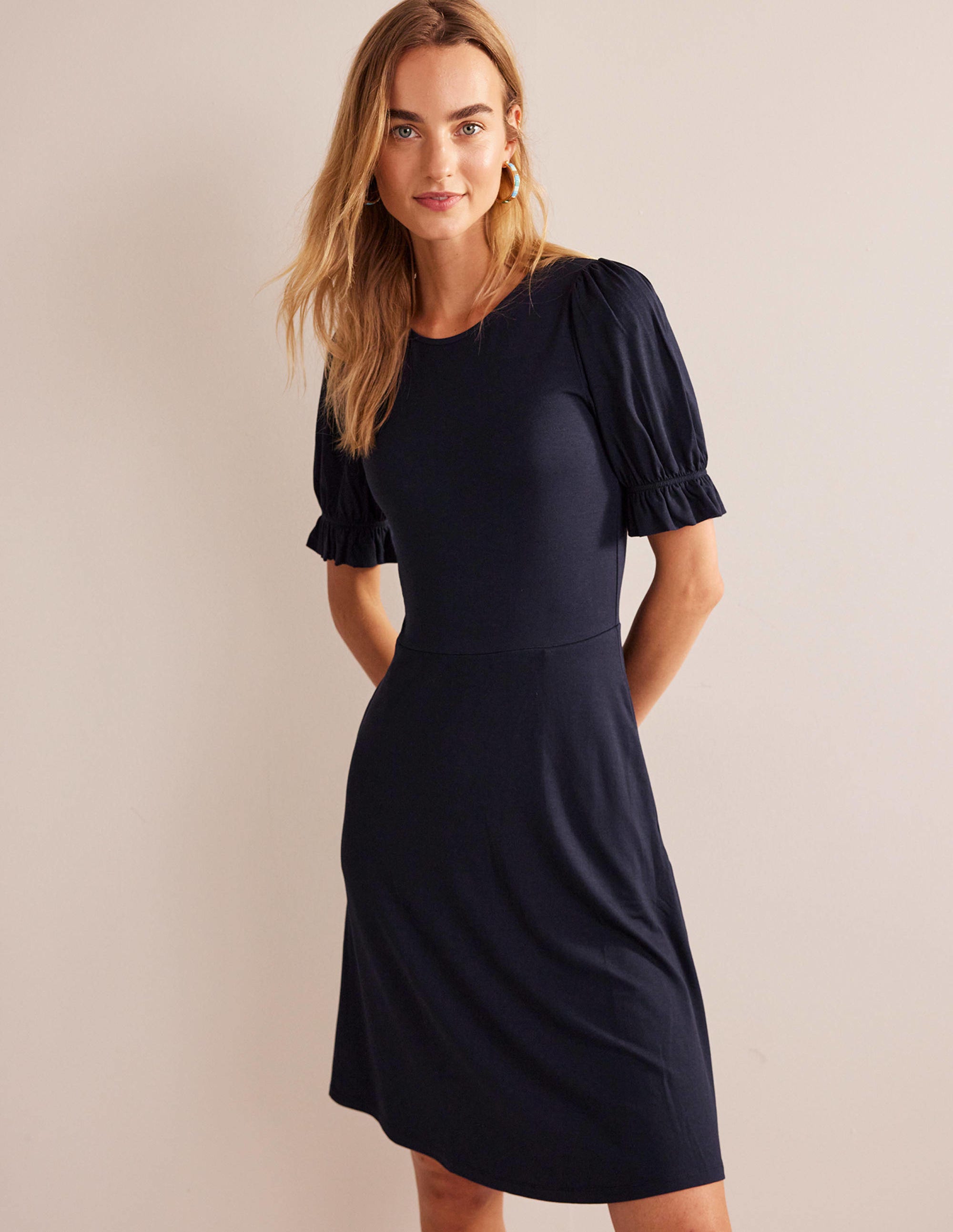 Mini-robe en jersey à manches bouffantes-Bleu marine - Image 4