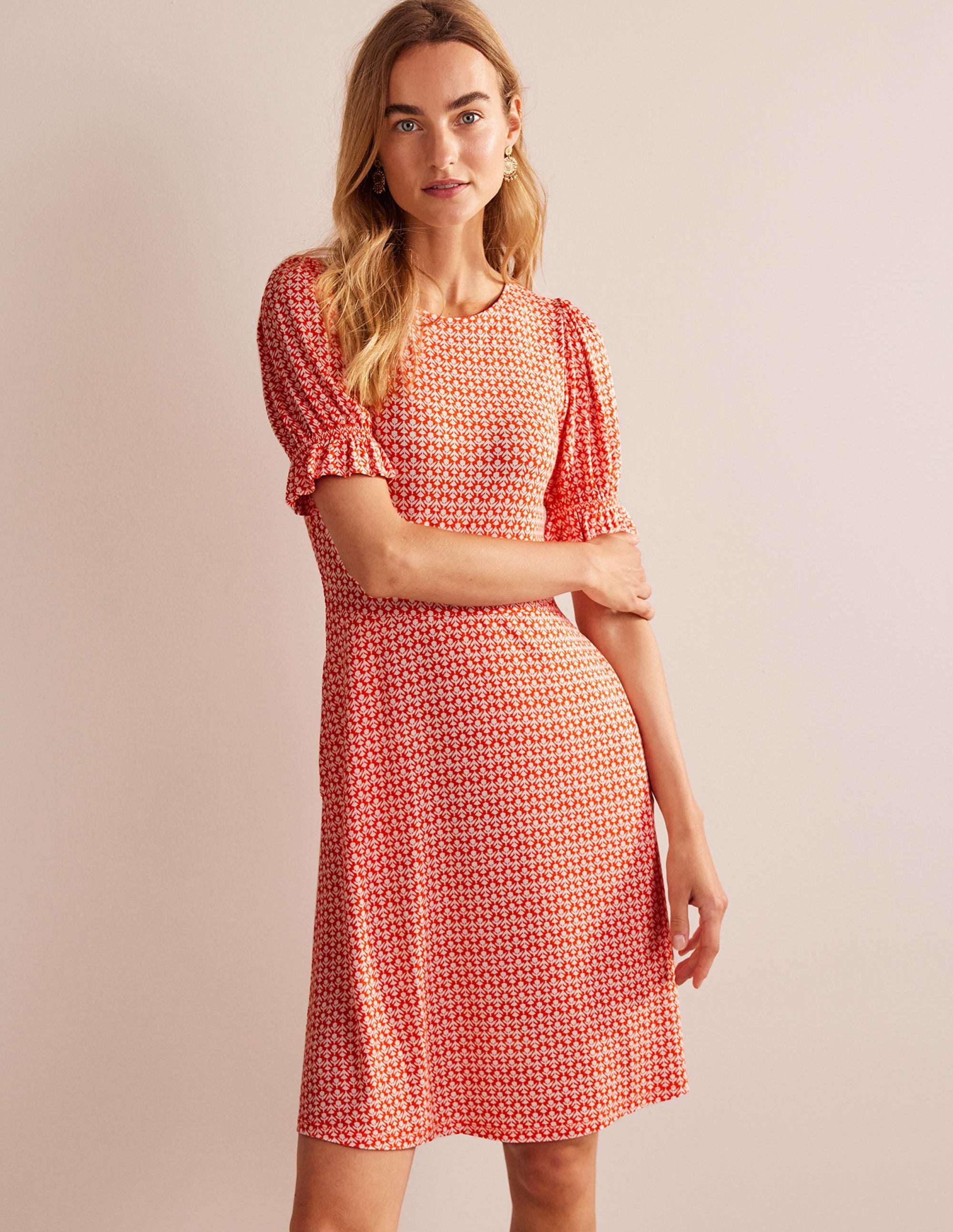 Jersey-Minikleid mit Puffärmeln-Zinnoberrot, Tulip Pop - Image 1