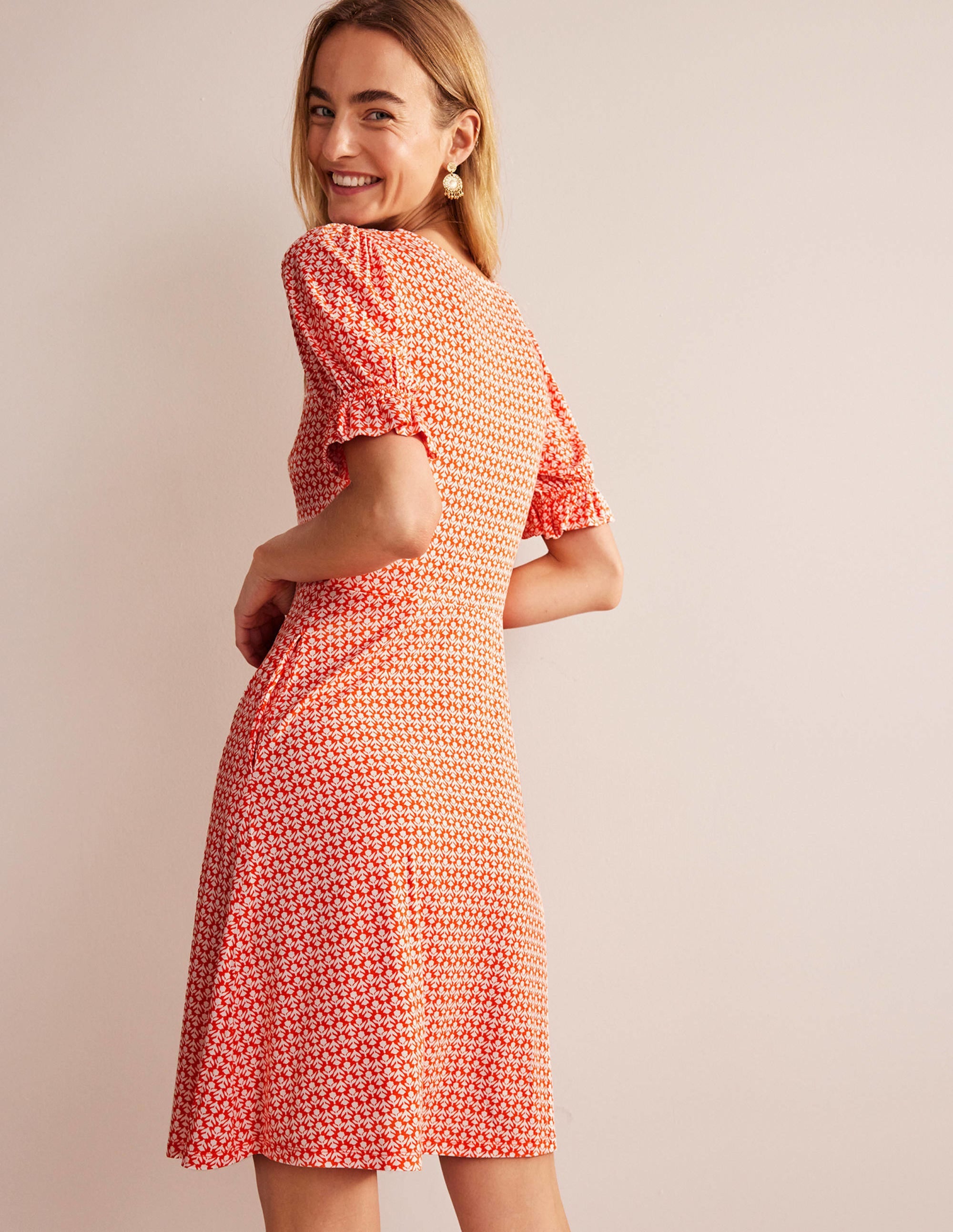 Jersey-Minikleid mit Puffärmeln-Zinnoberrot, Tulip Pop - Image 3