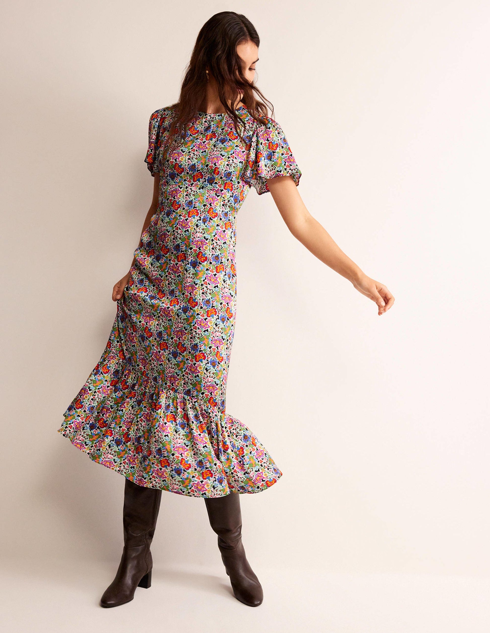 Robe style 40s aérienne à volants-Multi, motif Carnation Garden-1