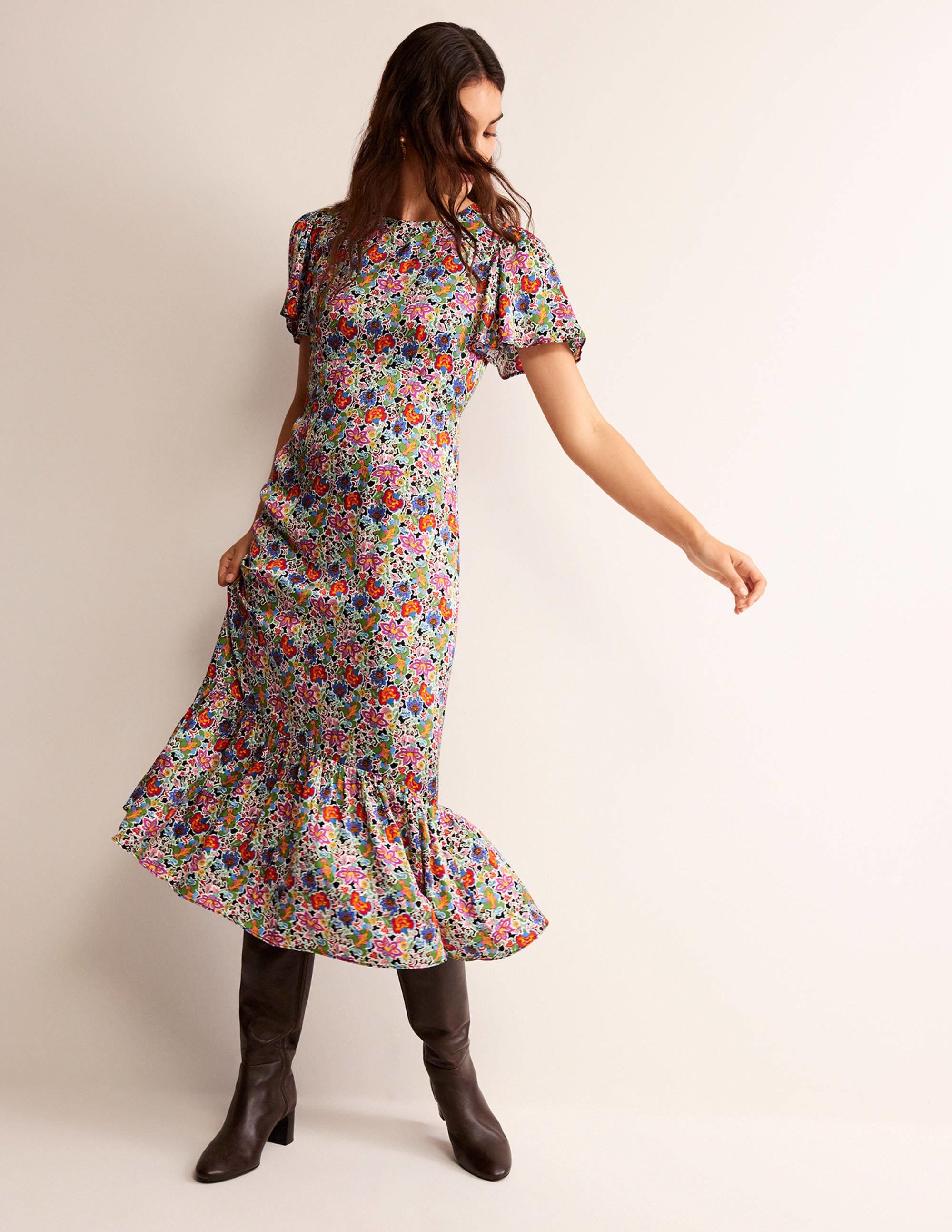 Robe style 40s aérienne à volants-Multi, motif Carnation Garden - Image 1