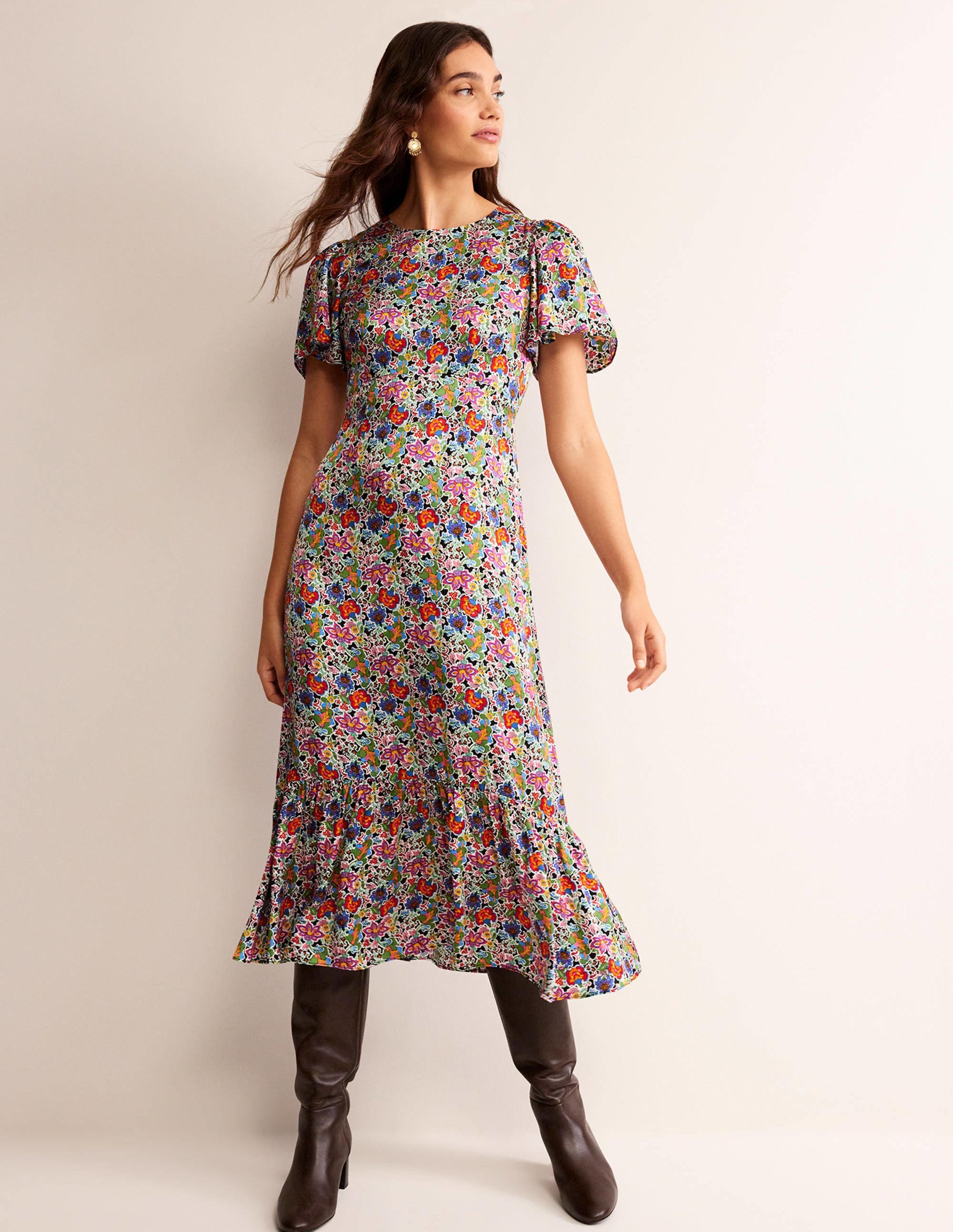 Robe style 40s aérienne à volants-Multi, motif Carnation Garden - Image 4