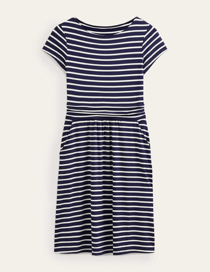 Amelie Jersey Dress-Navy, Ivory Stripe